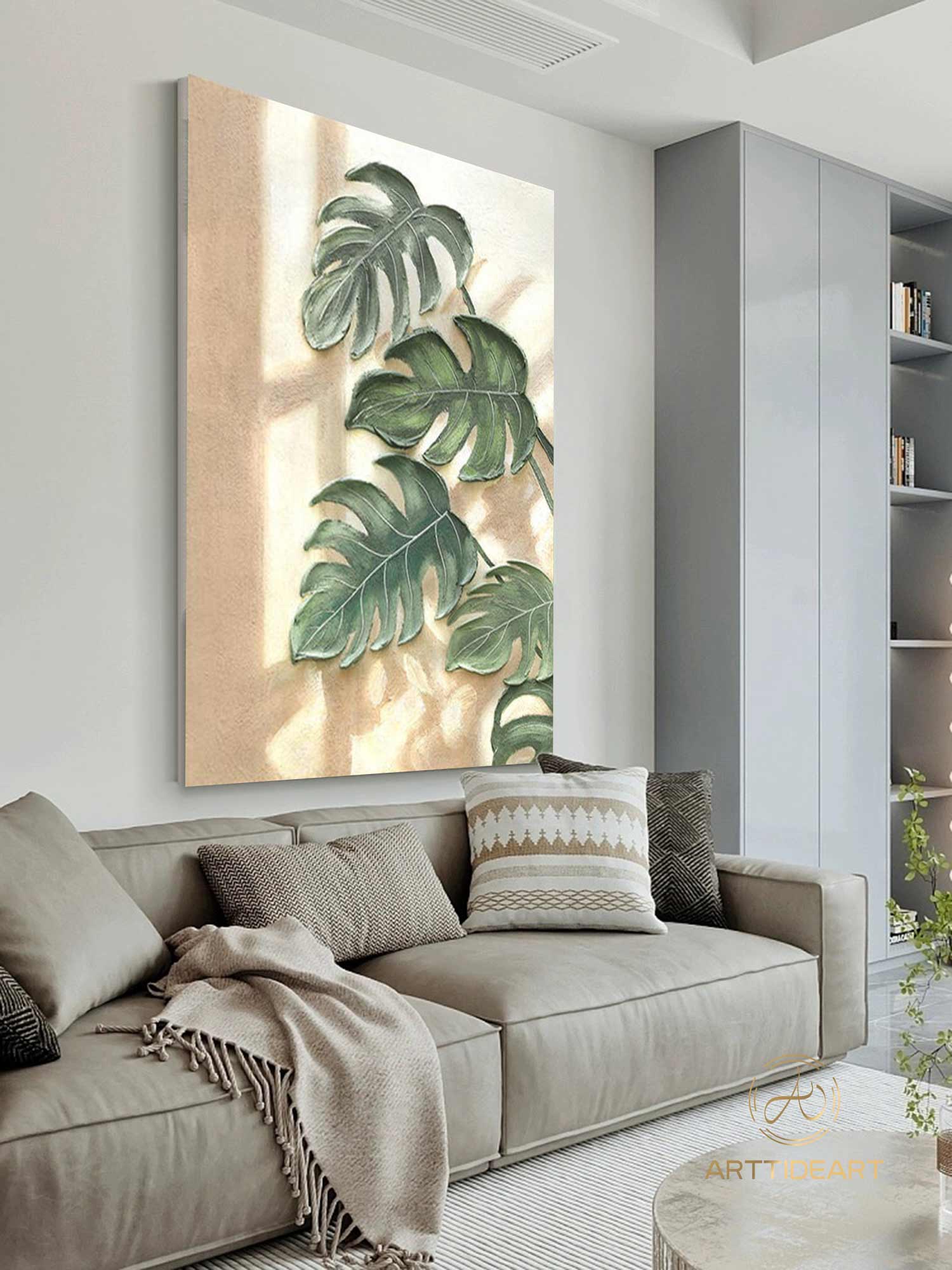 Organic-Style Tree Leaf Painting 3D Textured Art Banana Leaf Botanical Wall Art Abstract Painting Beige Green Original Plants Painting