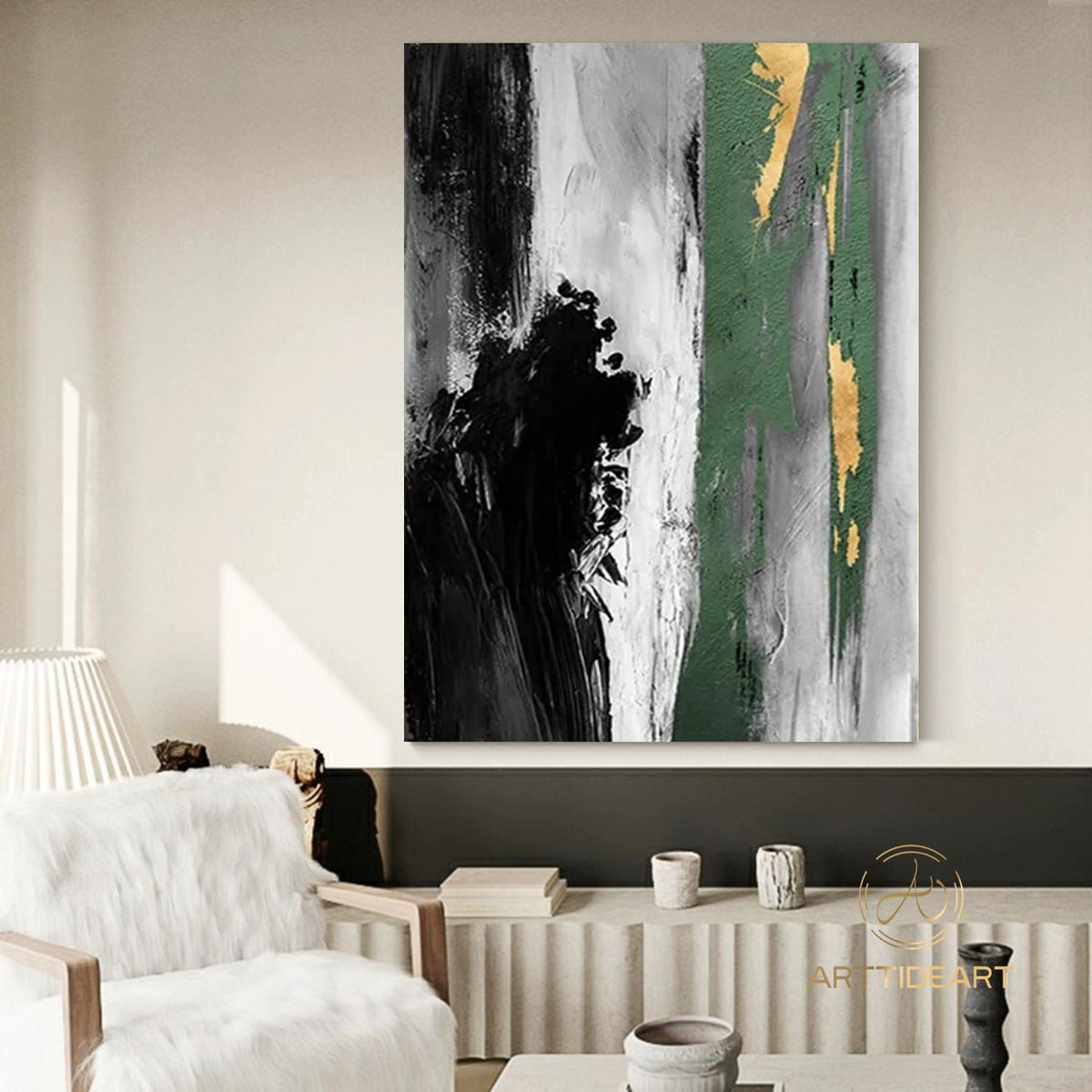 Large Acrylic Abstract Painting Original Green And Gold Canvas Art Gold ...