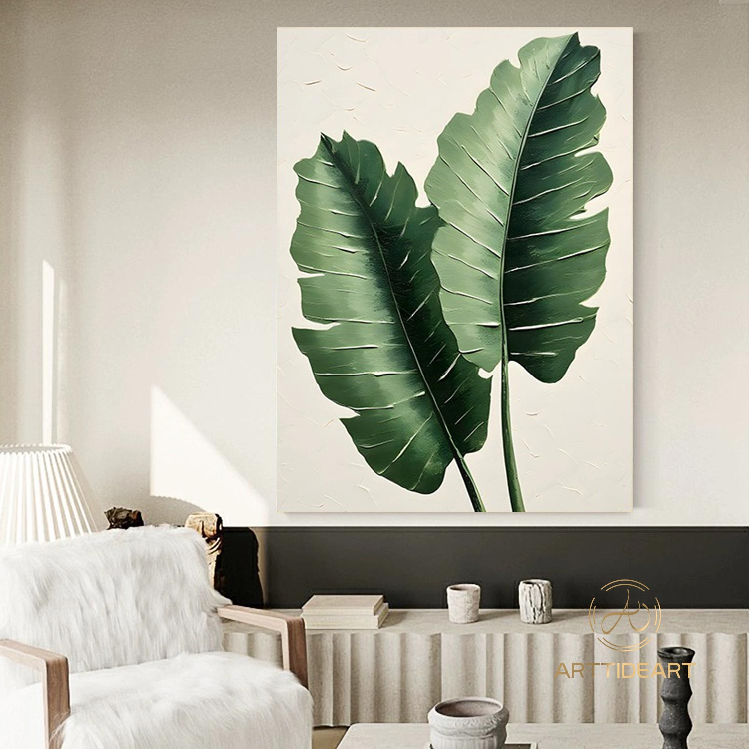 Large 3D Green abstract leaf painting,texture painting art, Original Green Banana Leave Oil Painting,Plant Art ,Modern Living Room Decor