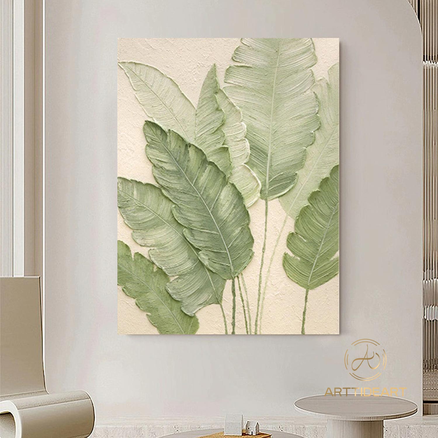 Organic-Style Tree Leaf Painting 3D Textured Art Banana Leaf Botanical Wall Art Abstract Painting Beige Green Original Plants Painting