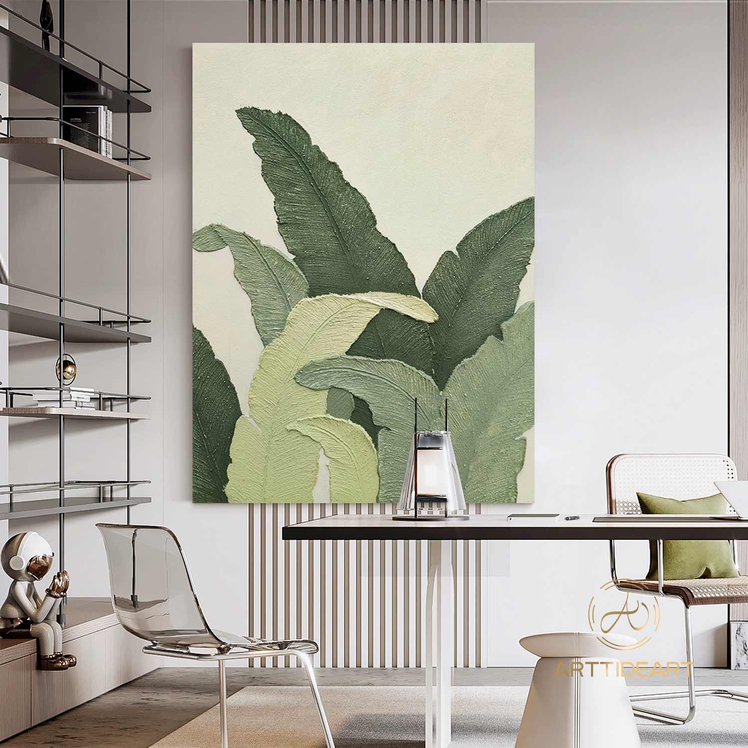 Large Nordic Green Beige abstract wall Green 3D texture painting abstract leaf painting modern living room abstract painting Minimalist Art