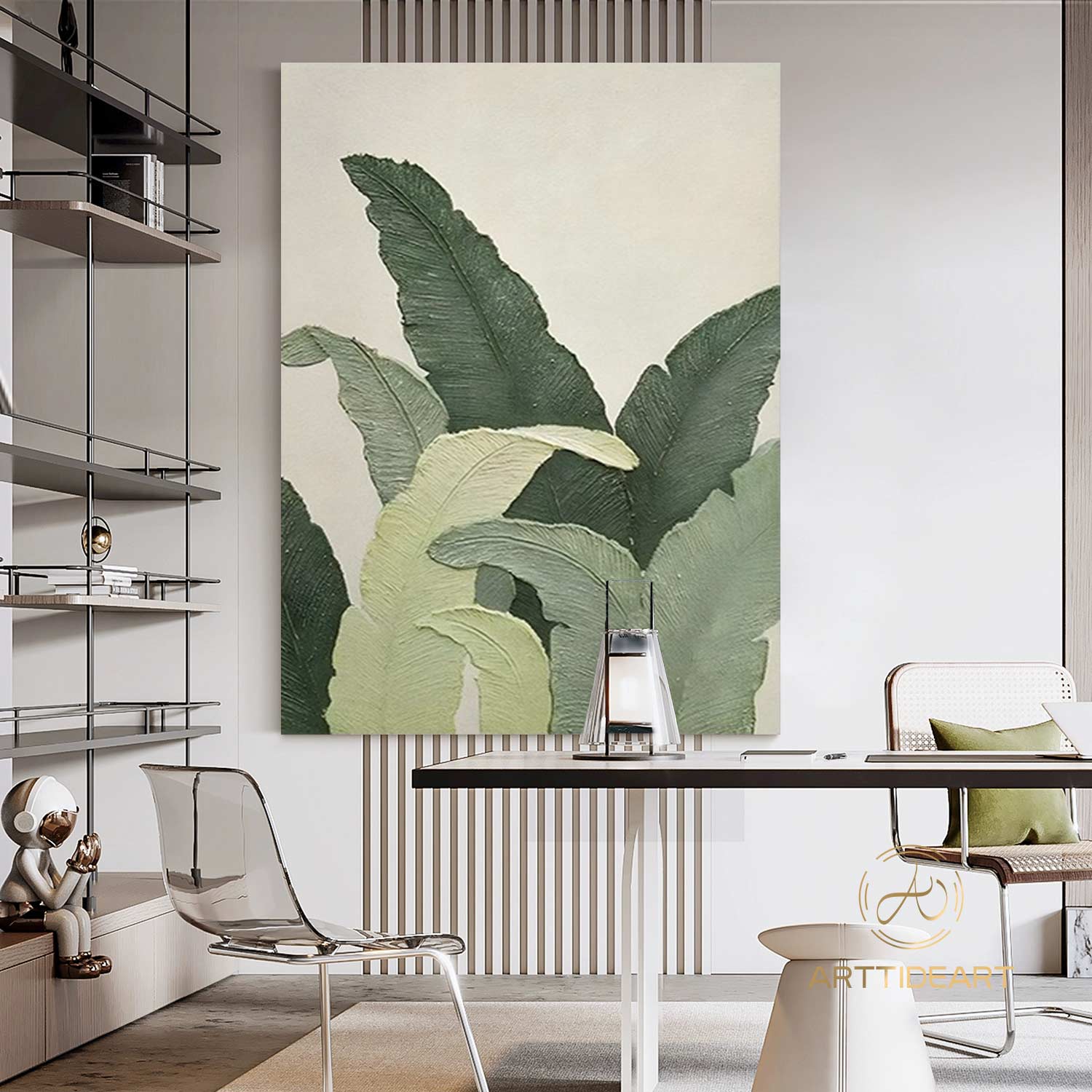 Large green leaves wall art, floater frame botanical artwork, banana leaf canvas print, Original Abstract Banana Leaves Wall Art Painting, living room artwork