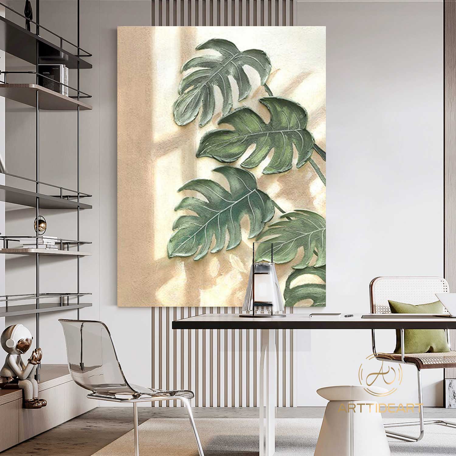 Organic-Style Tree Leaf Painting 3D Textured Art Banana Leaf Botanical Wall Art Abstract Painting Beige Green Original Plants Painting