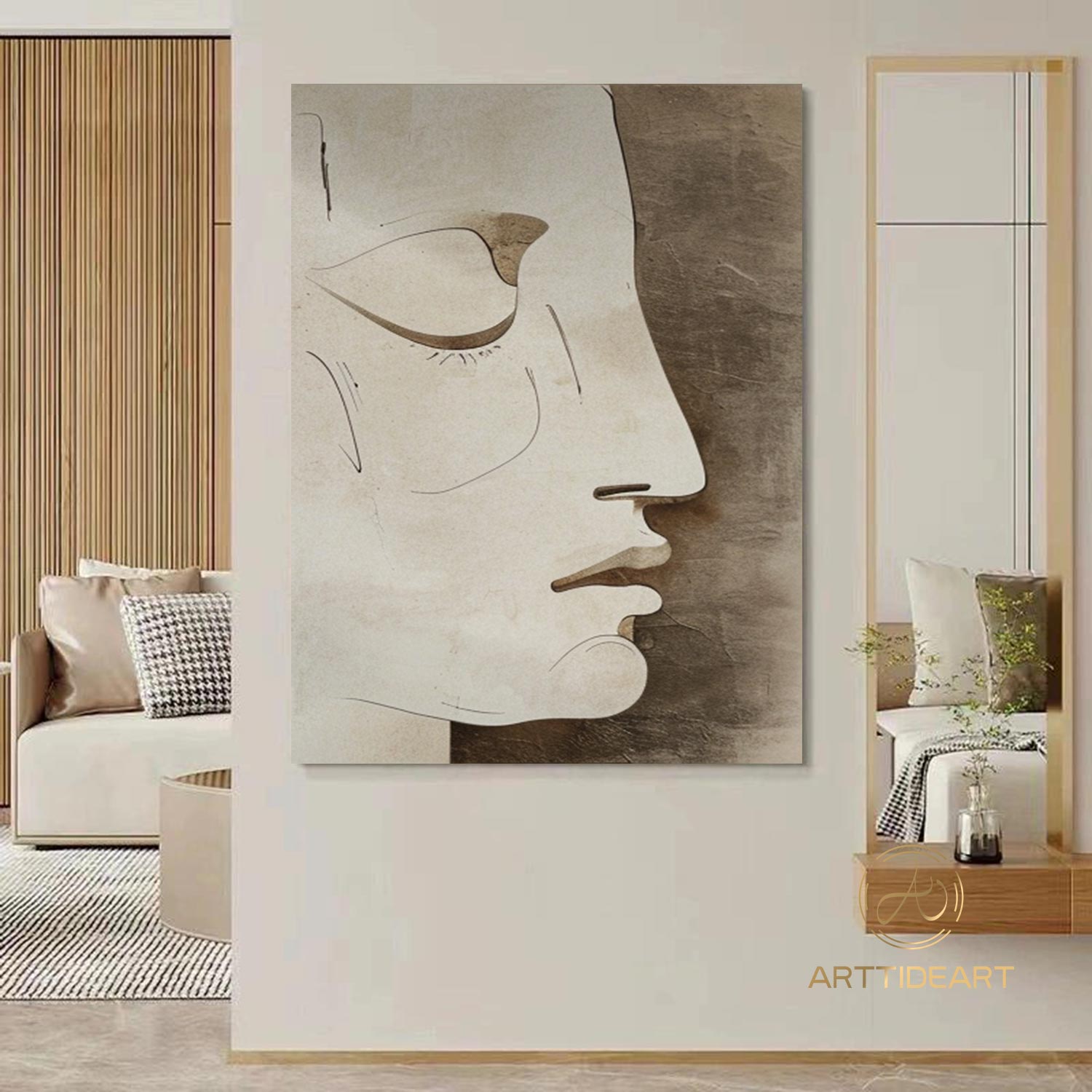 Large Faceless Portrait Painting Abstract Portrait Painting Woman Face Artwork Beige and Brown Facial Painting Original Figurative Canvas Art