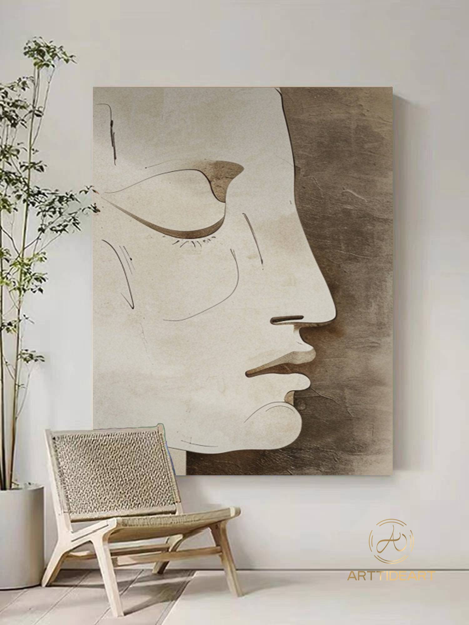Large Faceless Portrait Painting Abstract Portrait Painting Woman Face Artwork Beige and Brown Facial Painting Original Figurative Canvas Art