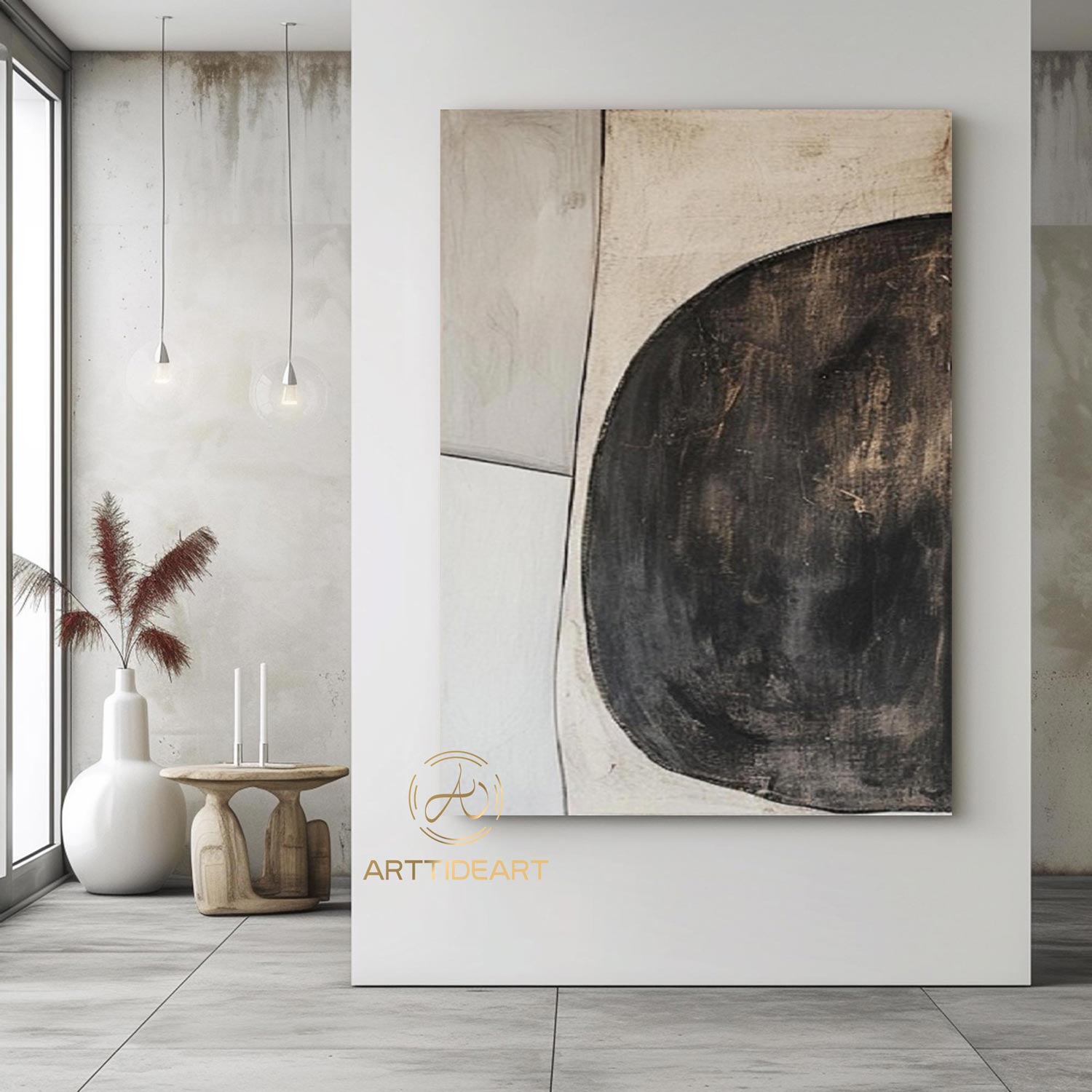 Beige Wabi Sabi Wall Art Black Beige Abstract Painting Large Black Minimalist Wall Art Beige Textured Canvas Painting Neutral Wall Decor