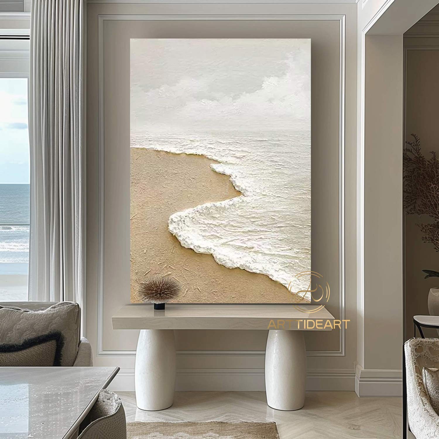 Sandy Beach Ocean Oil Painting On Canvas Blue Sky White Clouds Abstract Seascape Coastal Wall Art Acrylic Painting Large Wall Art Home Decor