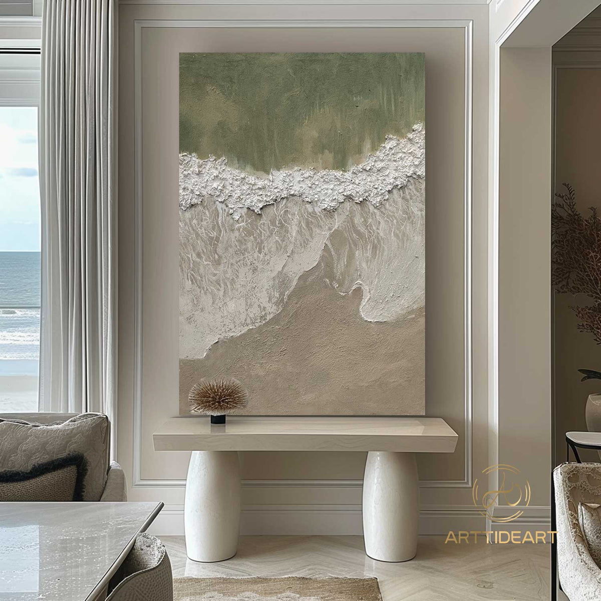 3D Green Minimalist Beach Painting Textured Wall Art Ocean Wave ...