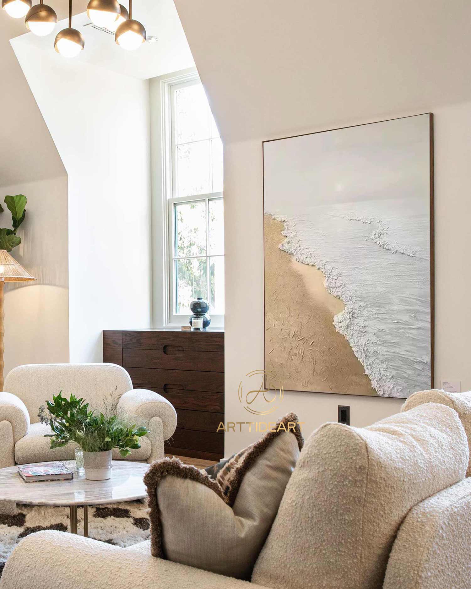 Sandy Beach Ocean Oil Painting On Canvas Blue Sky White Clouds Abstract Seascape Coastal Wall Art Acrylic Painting Large Wall Art Home Decor