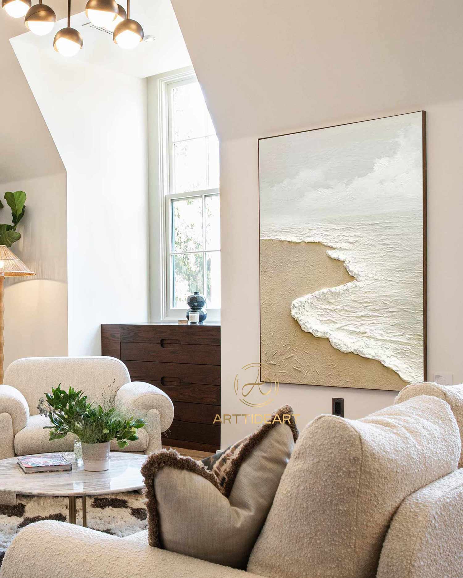 Sandy Beach Ocean Oil Painting On Canvas Blue Sky White Clouds Abstract Seascape Coastal Wall Art Acrylic Painting Large Wall Art Home Decor