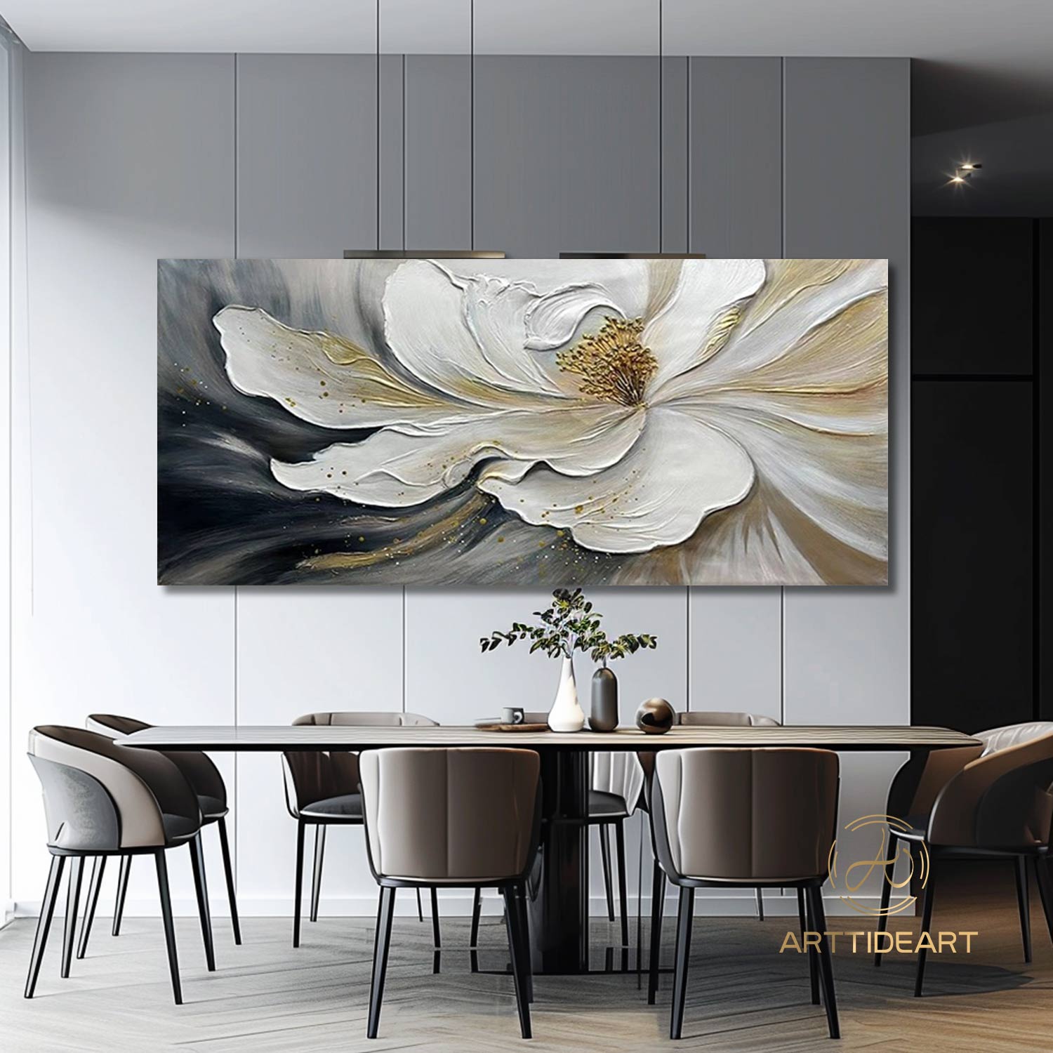 Large Abstract White Flower Oil Painting On Canvas,3D Flower Painting,Abstract Textured Floral,Palette Knife Modern Living Room Home Decor