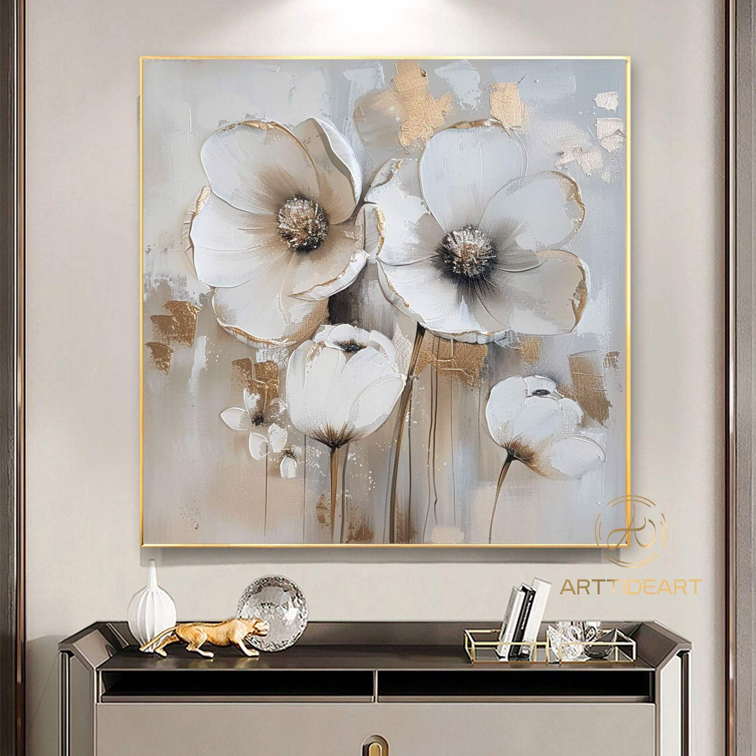 Abstract Blossom Floral Oil Painting on Canvas, Large Original Textured White Grey Poppy Bouquet Acrylic Painting Living Room Wall Art Decor