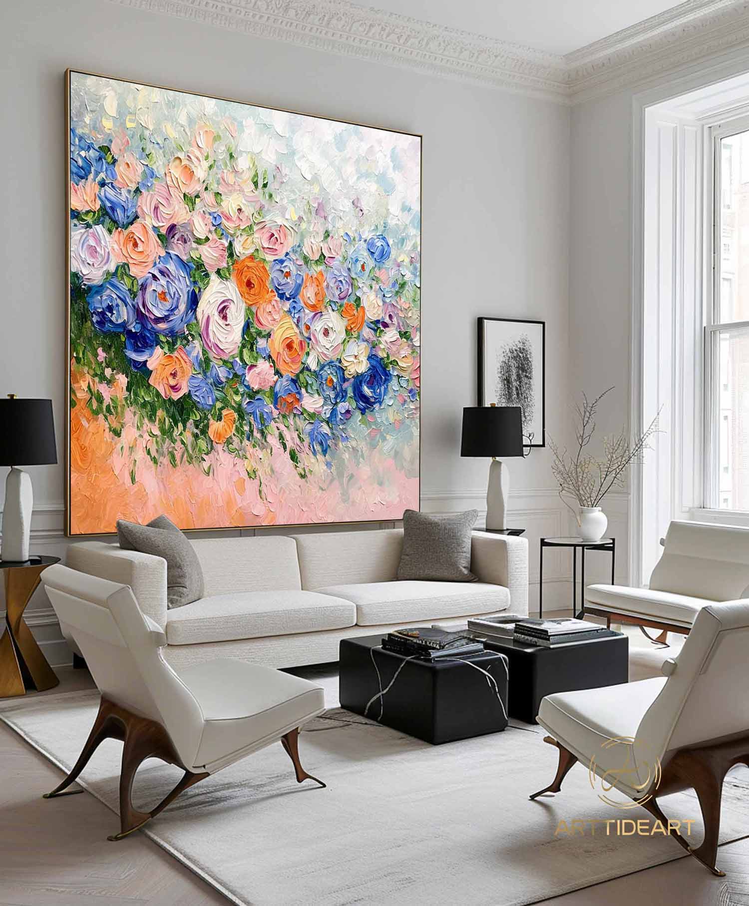 Abstract Flower Oil Painting on Canvas, Large Wall Art, Original Minimalist Pink Floral Art Custom Painting Boho Wall Decor Living Room