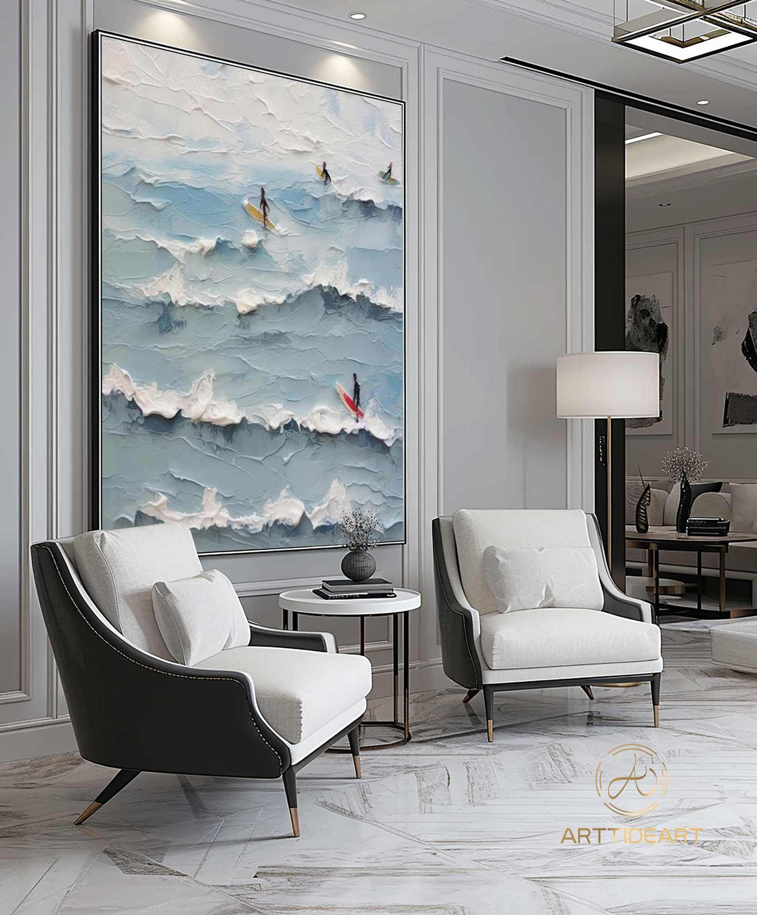 Original Surfer Painting Surfer Surf Board Artwork Large BLue Ocean Wall Art Abstract Beach Landscape Painting Acrylic For Living Room Decor