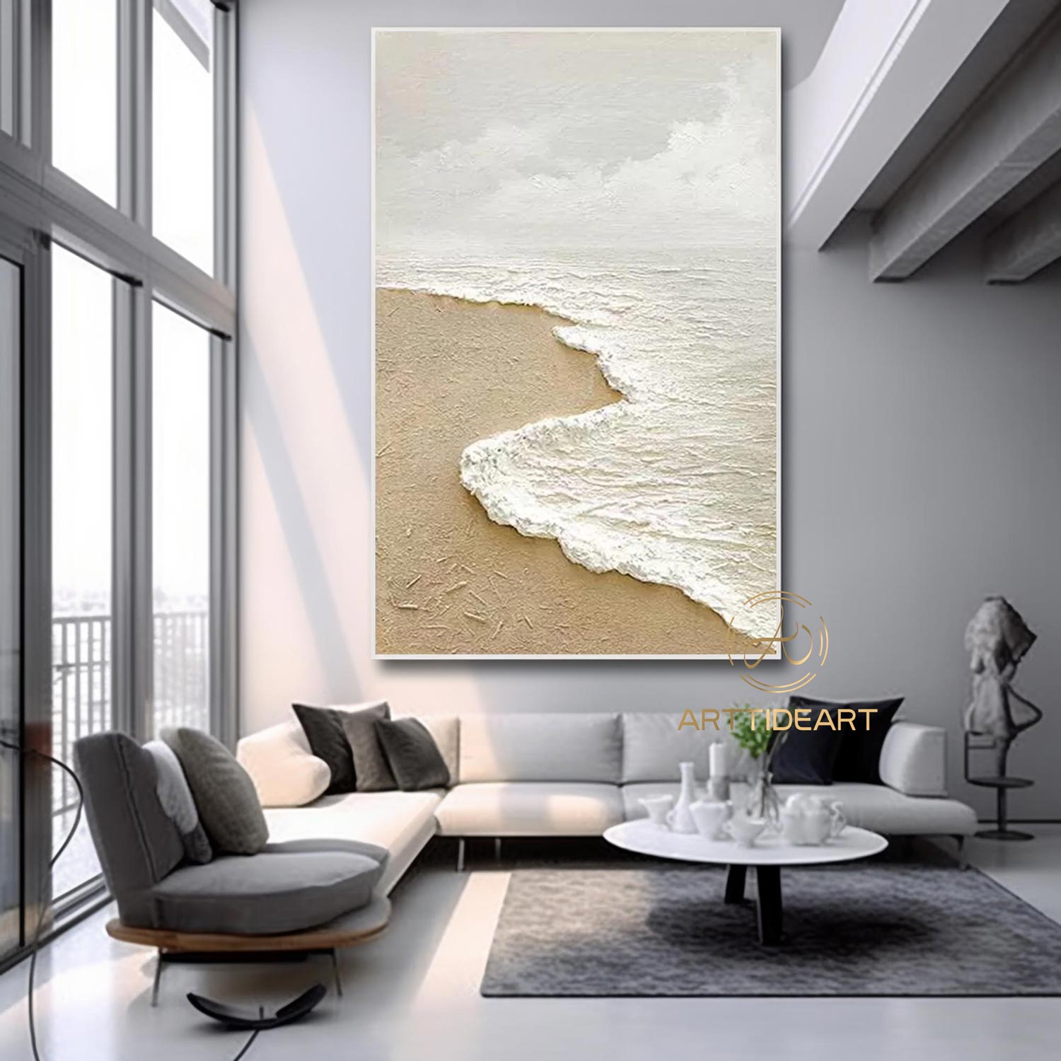 Sandy Beach Ocean Oil Painting On Canvas Blue Sky White Clouds Abstract Seascape Coastal Wall Art Acrylic Painting Large Wall Art Home Decor