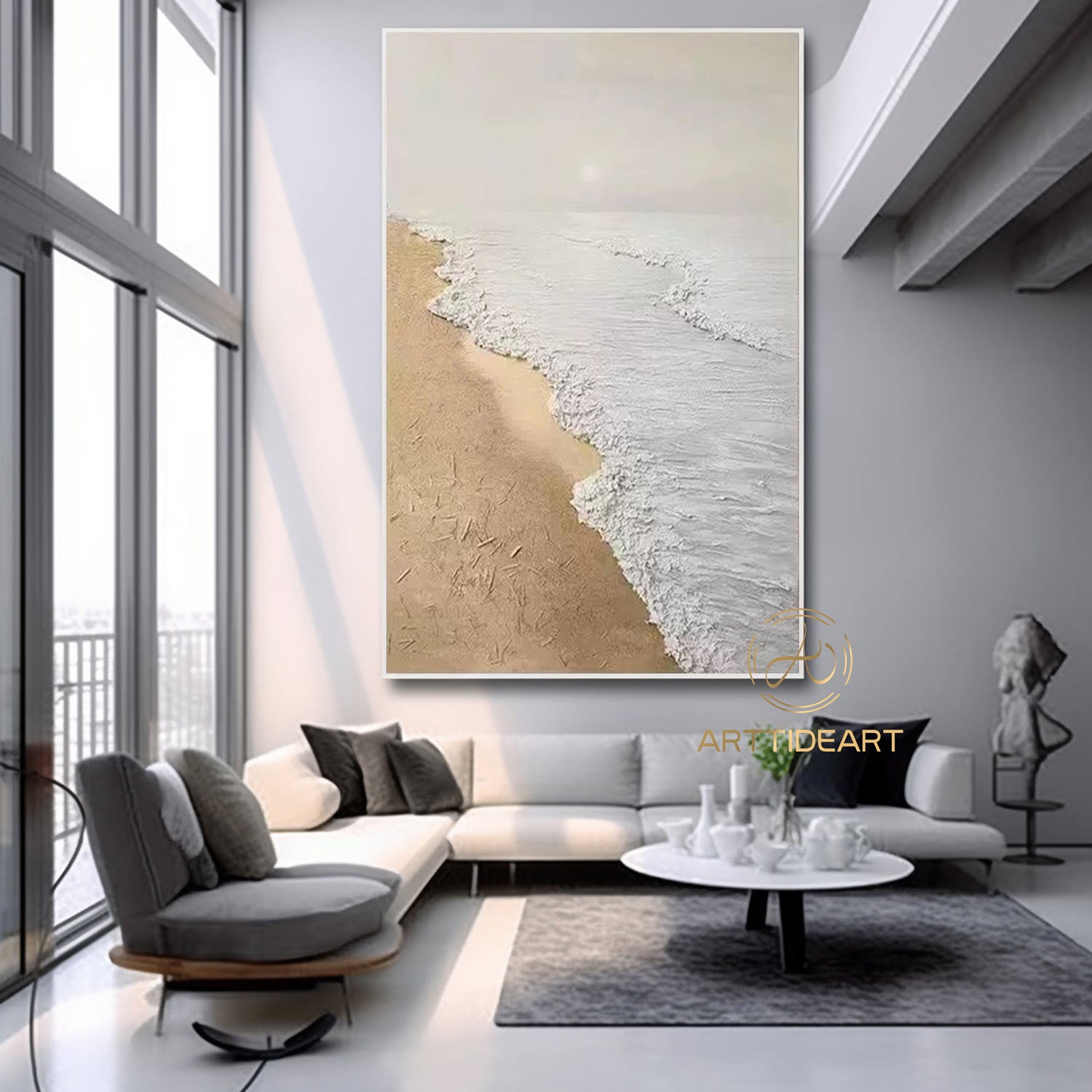 Sandy Beach Ocean Oil Painting On Canvas Blue Sky White Clouds Abstract Seascape Coastal Wall Art Acrylic Painting Large Wall Art Home Decor