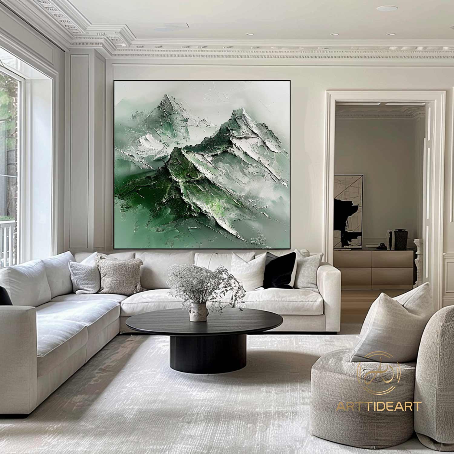 Green Abstract Mountain Painting On Canvas,Wabi Sabi Wall Art,Green And Beige Heavy Texture Mountain Painting,Minimalist Painting,Home Decor