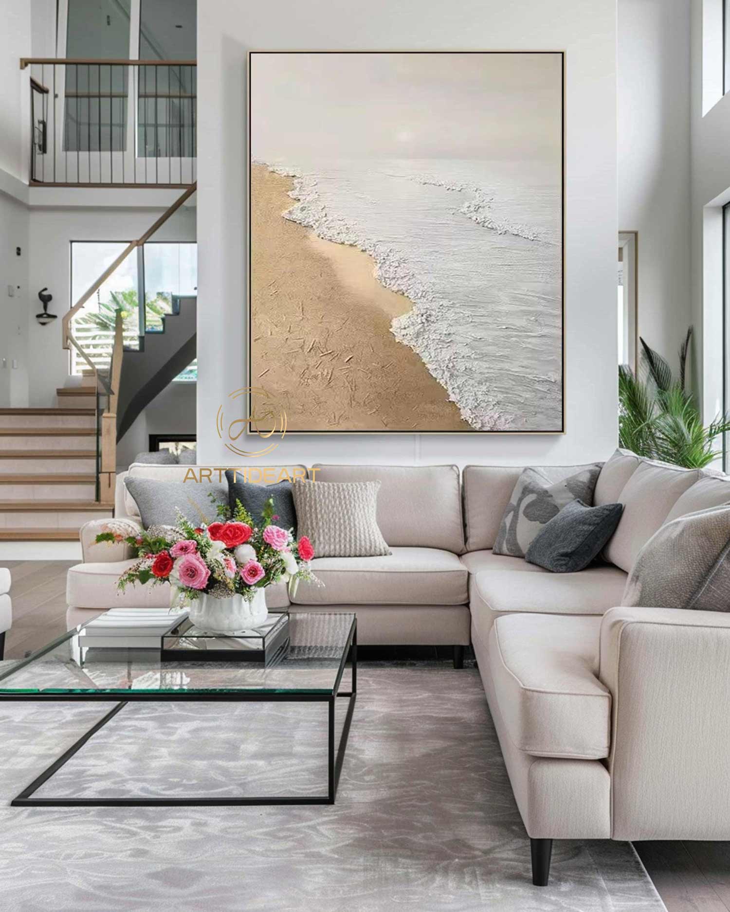 Sandy Beach Ocean Oil Painting On Canvas Blue Sky White Clouds Abstract Seascape Coastal Wall Art Acrylic Painting Large Wall Art Home Decor