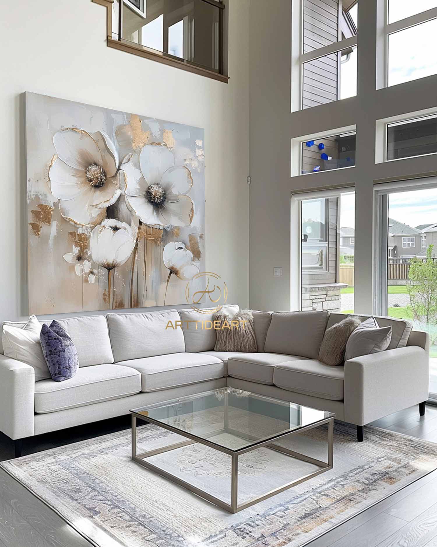 Abstract Blossom Floral Oil Painting on Canvas, Large Original Textured White Grey Poppy Bouquet Acrylic Painting Living Room Wall Art Decor