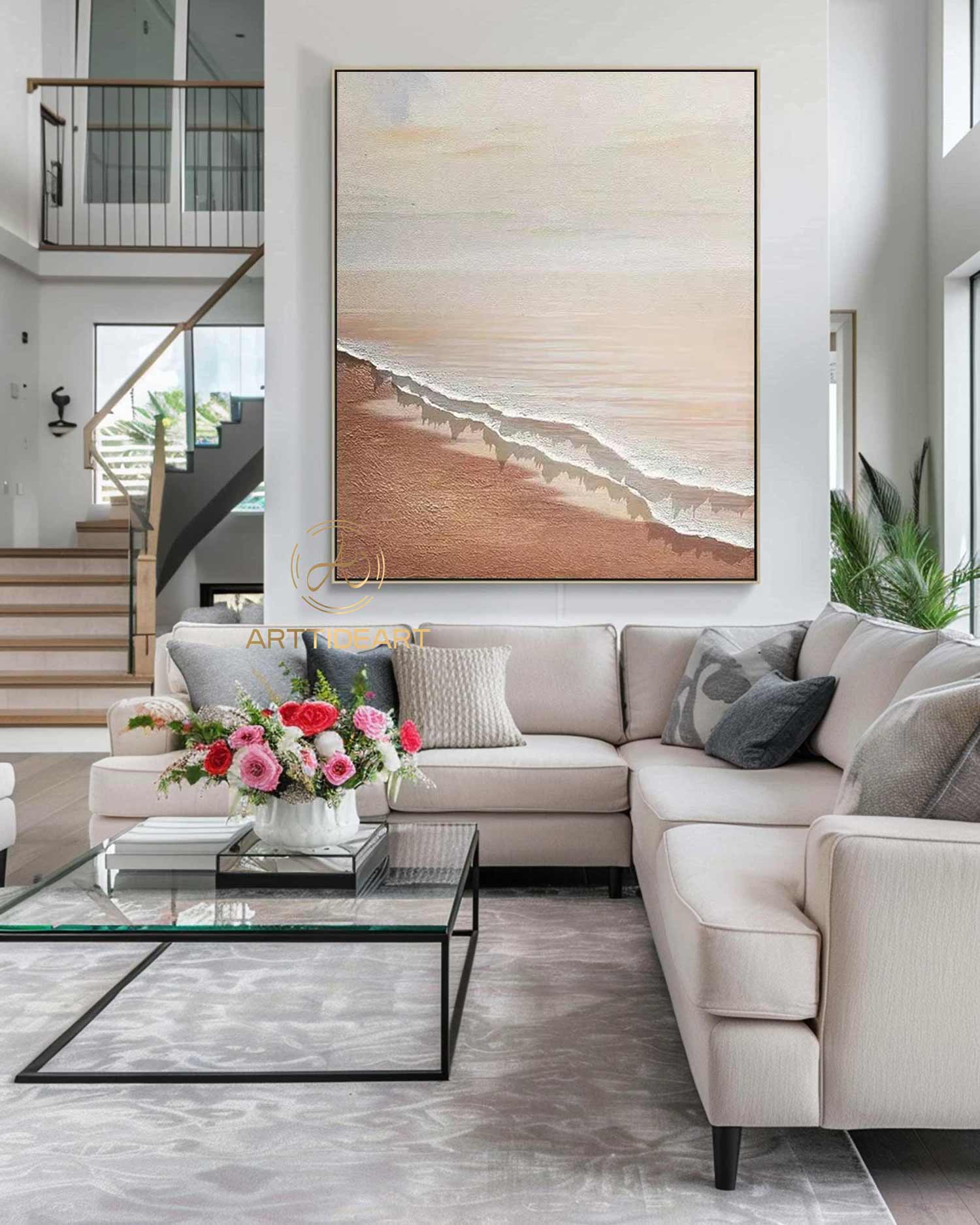 Large 3D Textured Coastal Wall Art Wave Acrylic Painting Framed Brown Beach Wall Art Abstract Sea Wall Art Ocean Canvas Painting Wall Decor