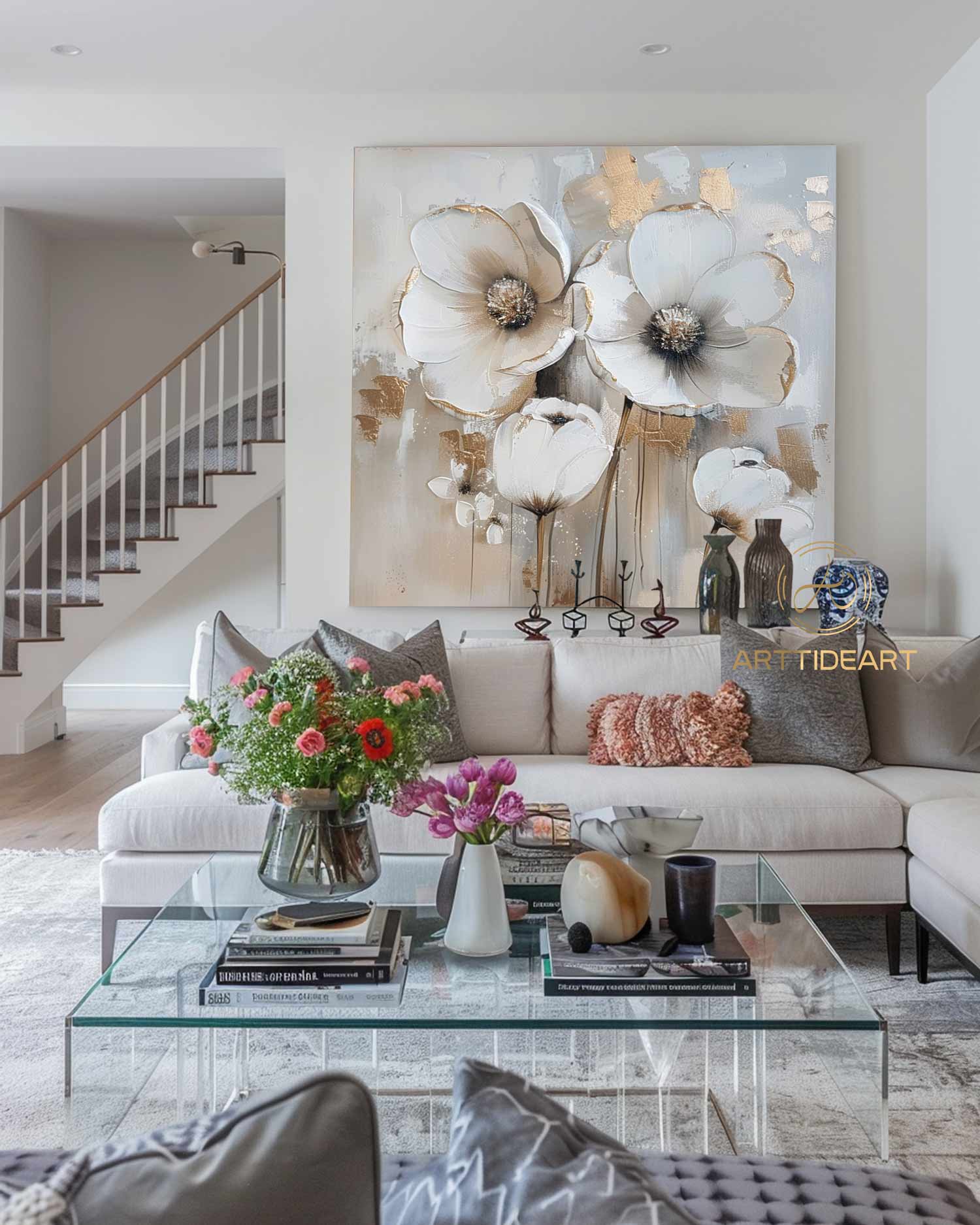 Abstract Blossom Floral Oil Painting on Canvas, Large Original Textured White Grey Poppy Bouquet Acrylic Painting Living Room Wall Art Decor