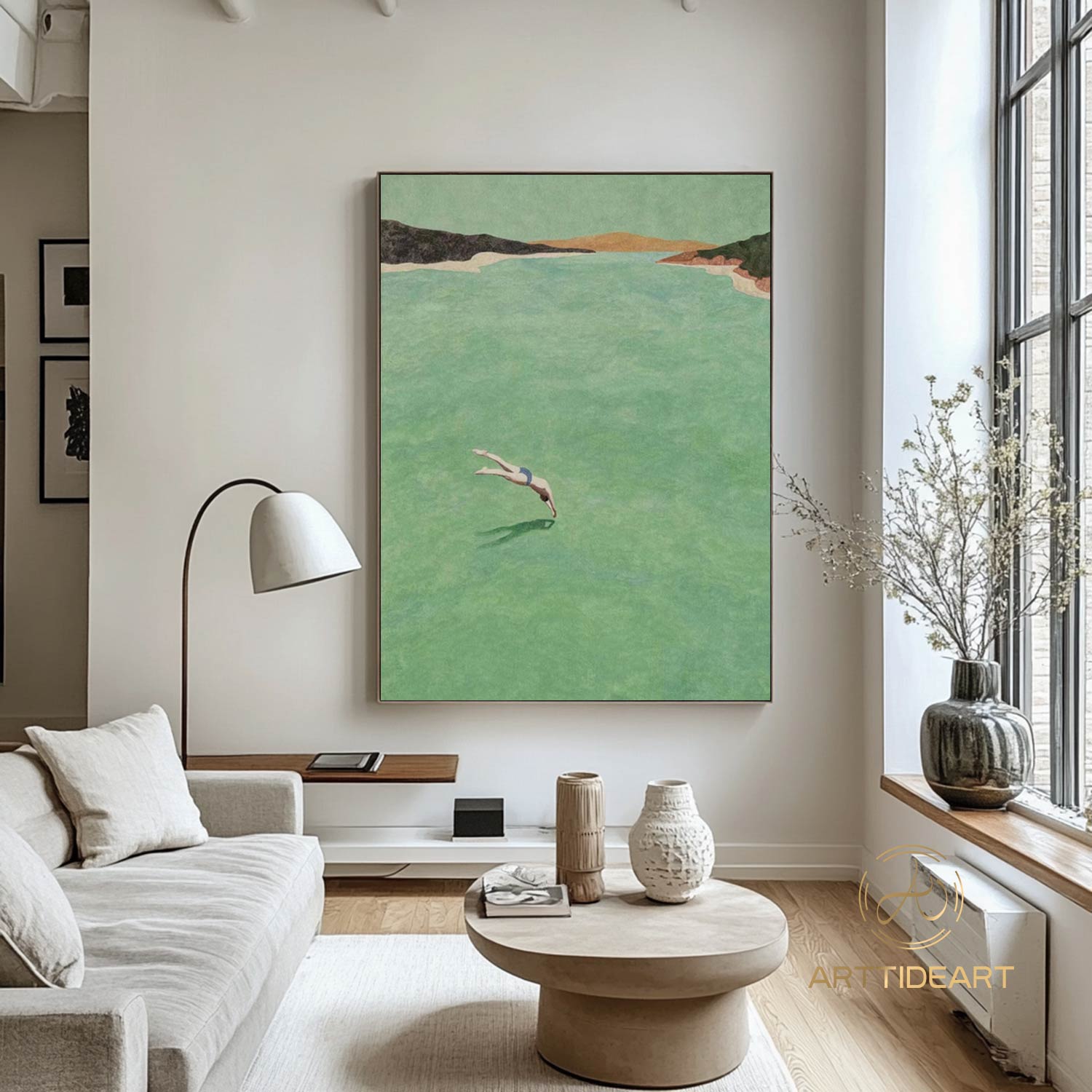 A man diving into the sea green ocean painting vintage retro painting green minimalist painting landscape painting holiday style wall art