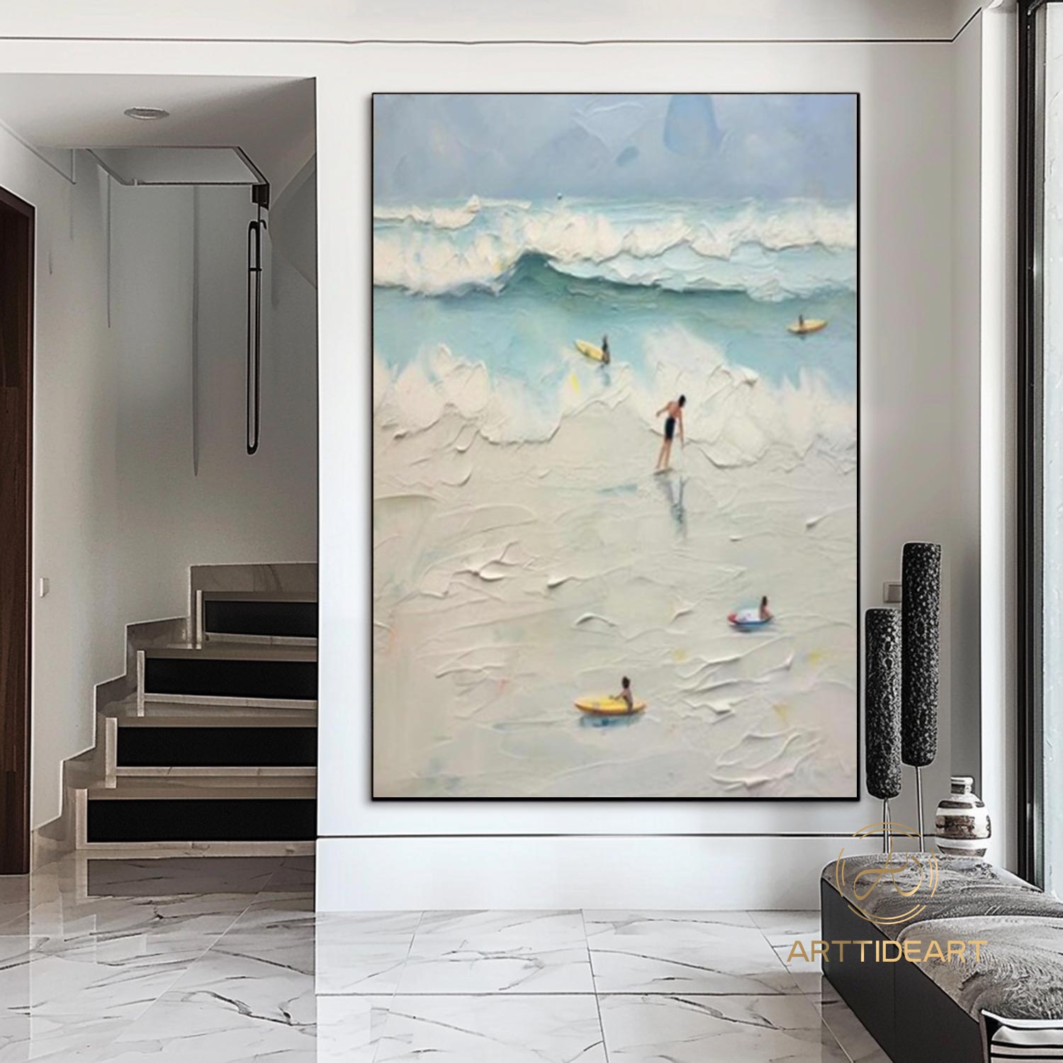 Textured Surf Wall Art Beach Swimming Art Framed Blue Beach Abstract Painting Summer Sea Wall Art Large Beach Landscape Painting Home Decor