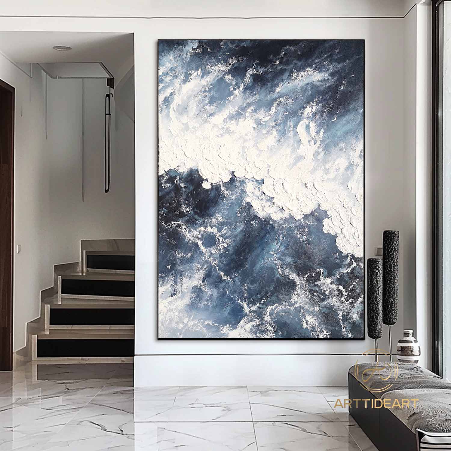 Large abstract ocean painting blue marine landscape painting ocean acrylic painting canvas painting for bedroom abstract wall art white art