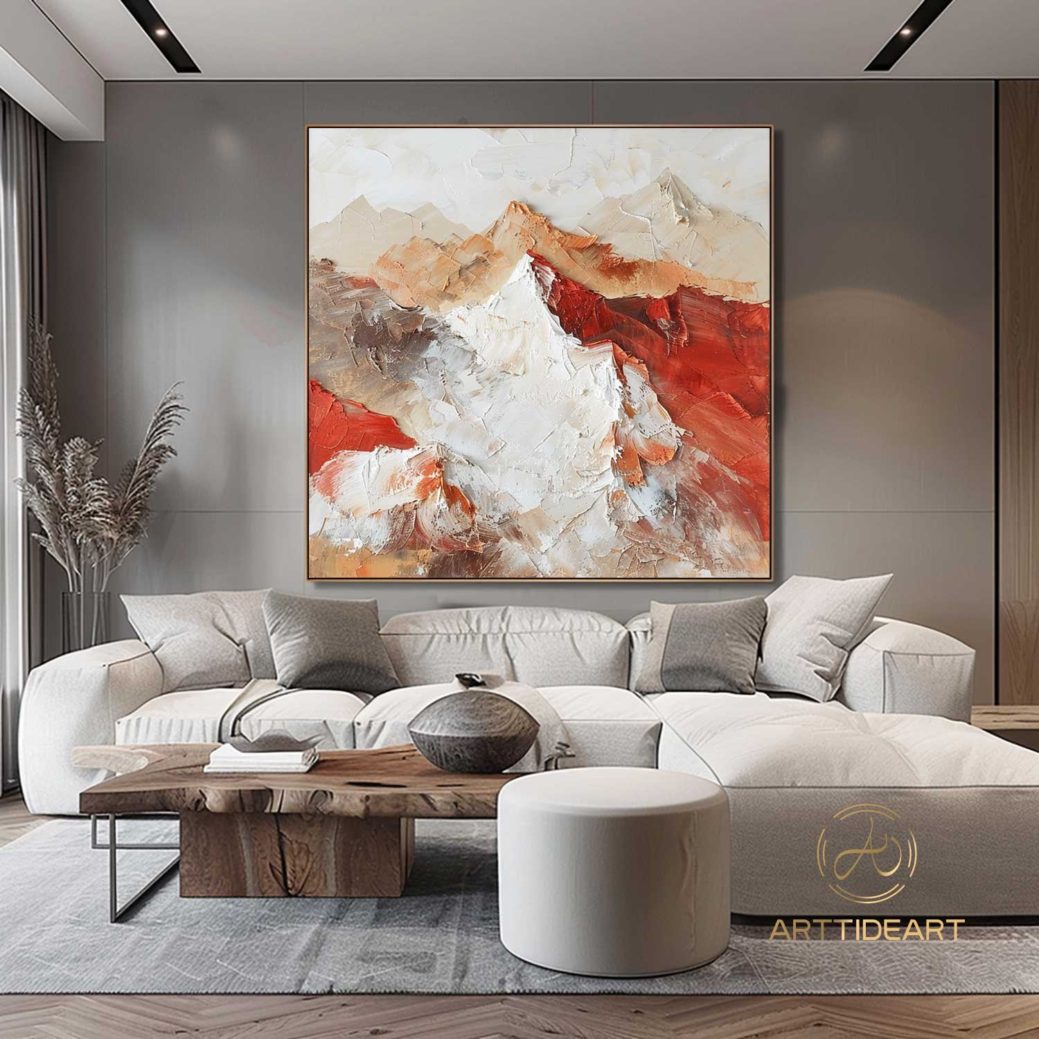 Original 3D Beige Mountain Painting on Canvas Framed Plaster Style Textured Wall Art Ivory Wabi-Sabi Living Room Decor Boho Modern Canvas