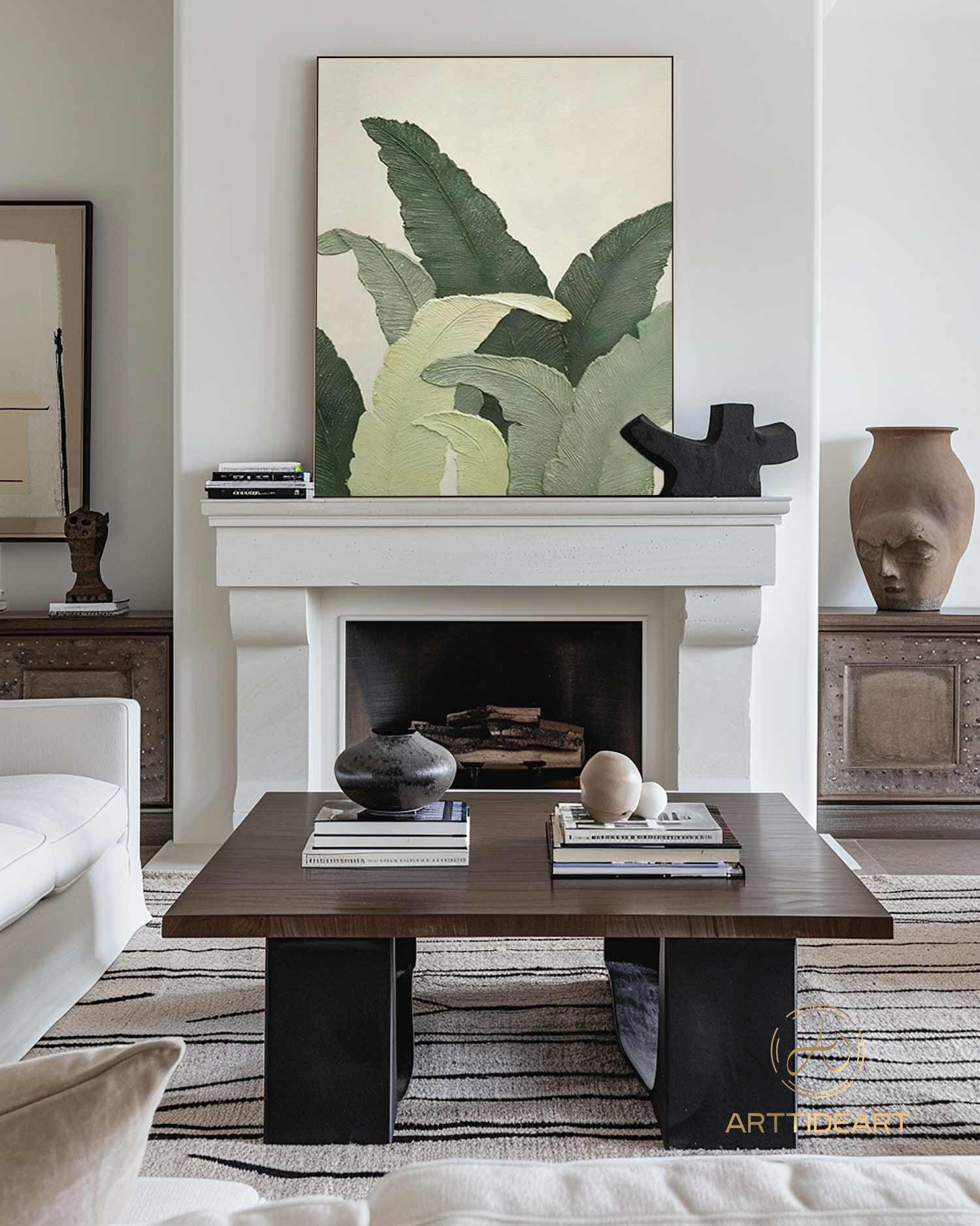 Large green leaves wall art, floater frame botanical artwork, banana leaf canvas print, Original Abstract Banana Leaves Wall Art Painting, living room artwork