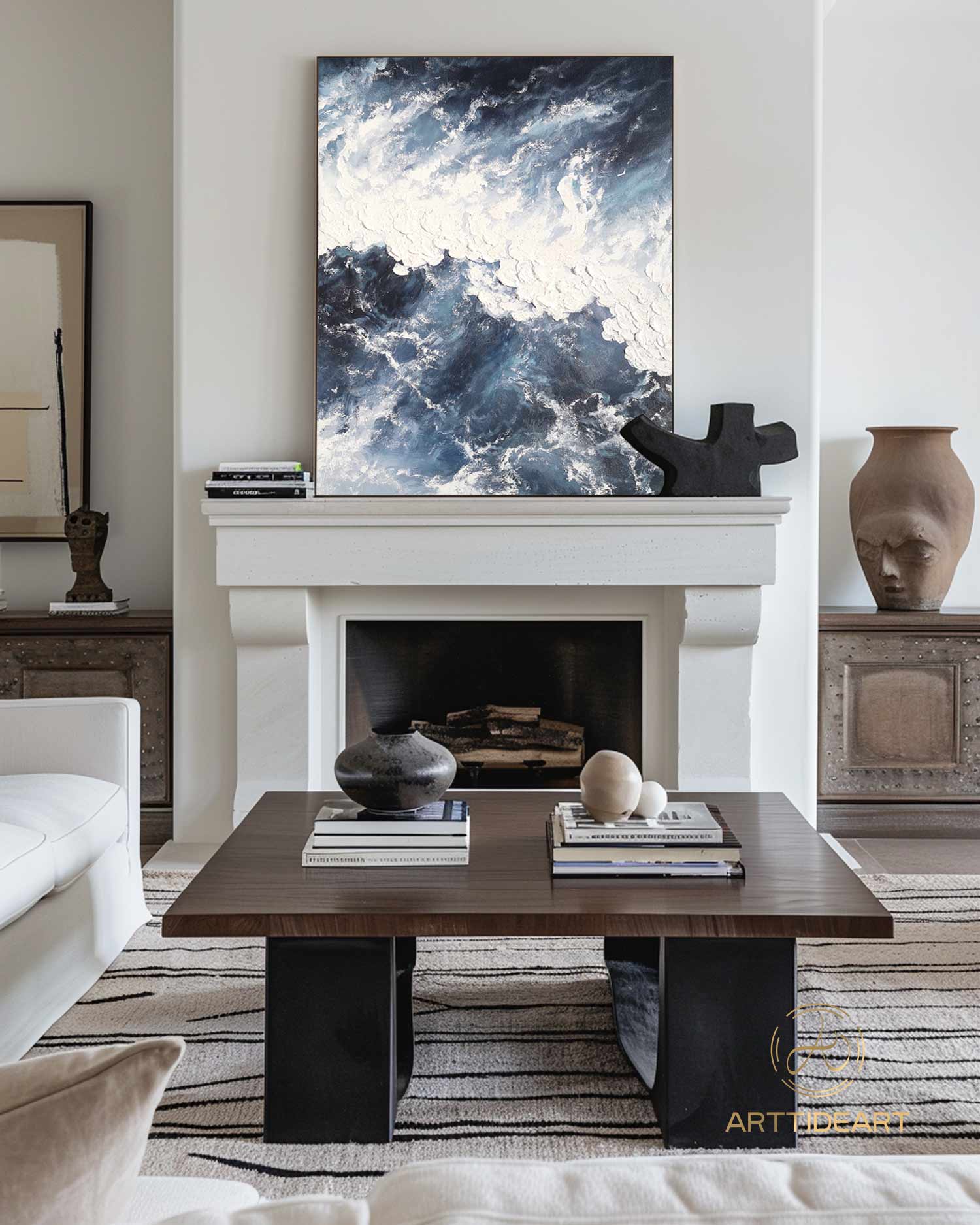 Large abstract ocean painting blue marine landscape painting ocean acrylic painting canvas painting for bedroom abstract wall art white art