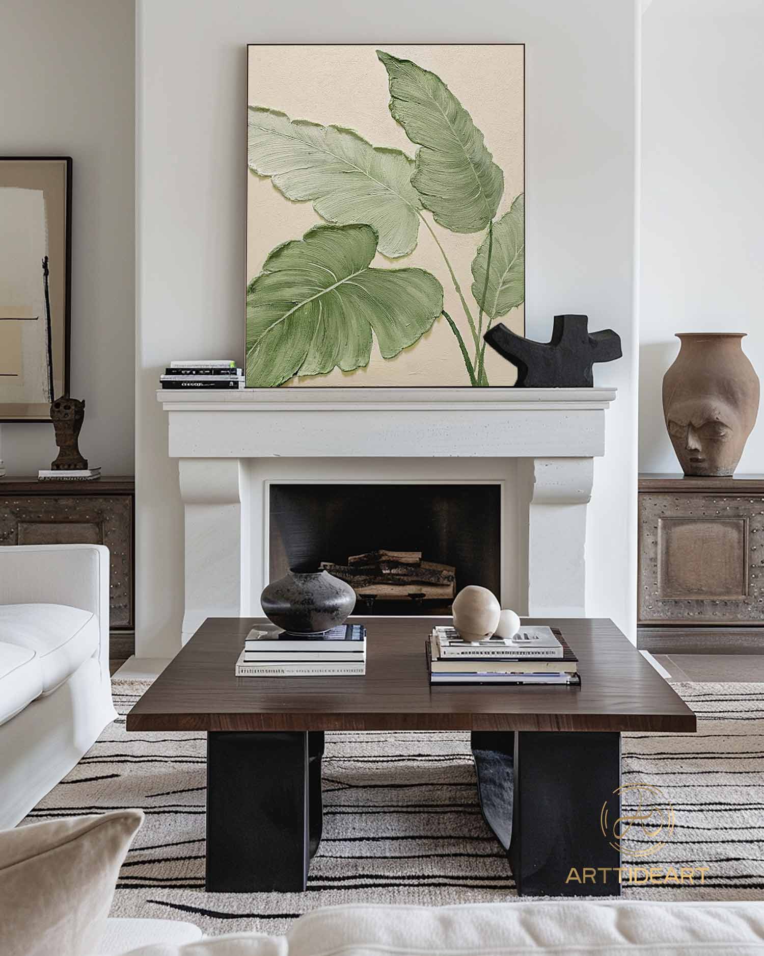 Original Green Leaf Painting Green Acrylic Canvas Framed Wall Art Hand Painted Leaf Landscape Oil Painting Living Room Home Wall Art Decor