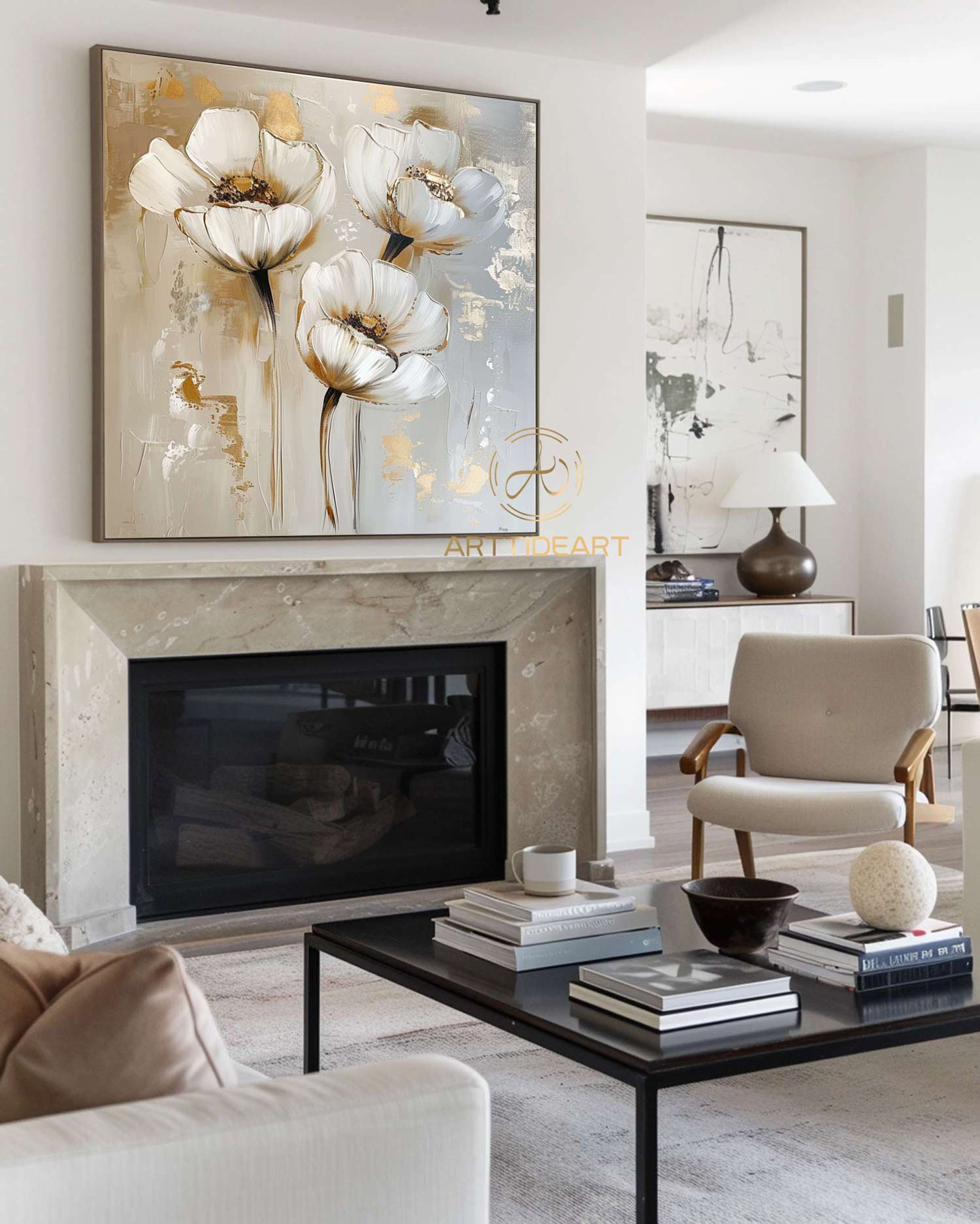 Large Original Flower Oil Painting On Canvas, Gold Wall Decor, Abstract Texture Floral Painting,Custom Painting, Modern Living Room Decor