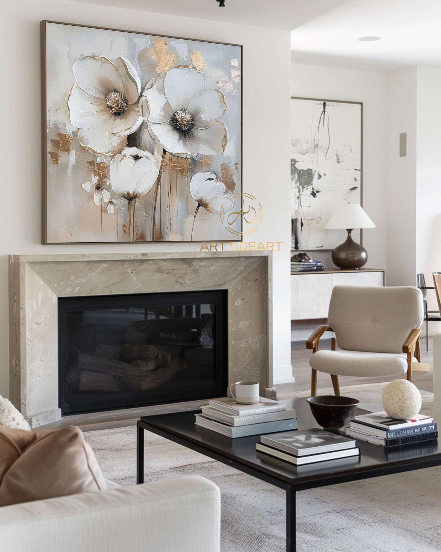 Abstract Blossom Floral Oil Painting on Canvas, Large Original Textured White Grey Poppy Bouquet Acrylic Painting Living Room Wall Art Decor