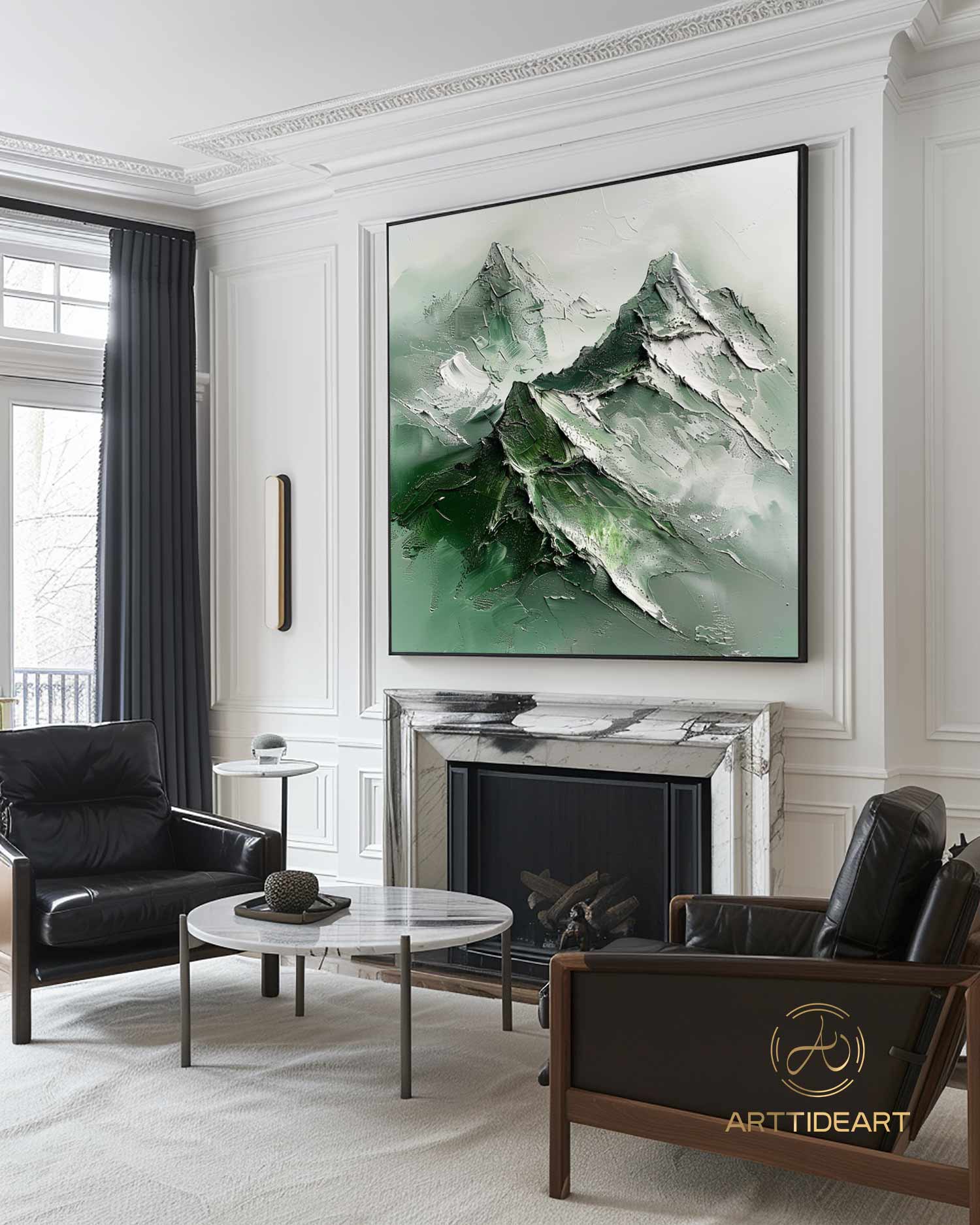 Green Abstract Mountain Painting On Canvas,Wabi Sabi Wall Art,Green And Beige Heavy Texture Mountain Painting,Minimalist Painting,Home Decor