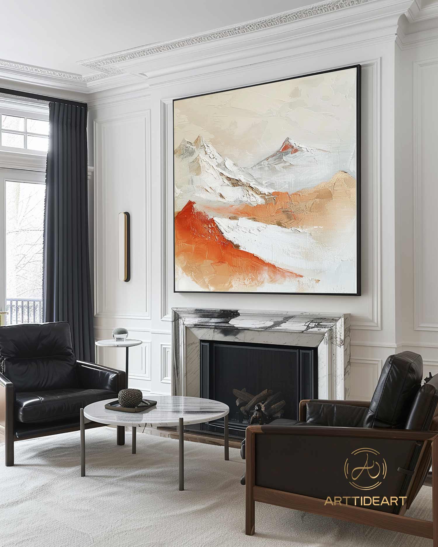 Original 3D Beige Mountain Painting on Canvas Framed Plaster Style Textured Wall Art Orange Wabi-Sabi Living Room Decor Boho Modern Canvas