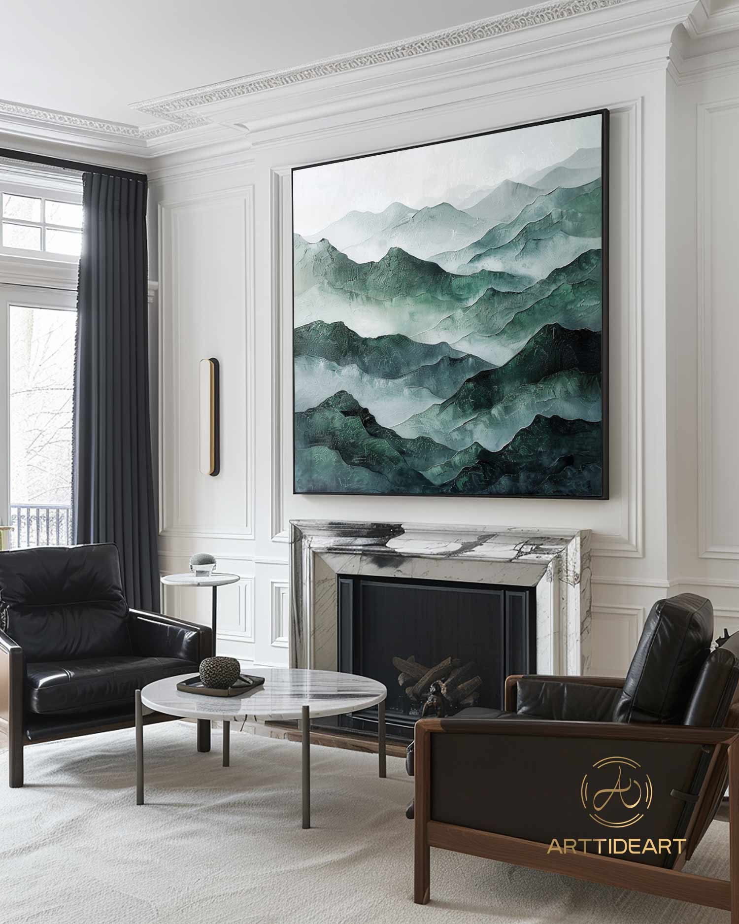 Large Abstract Oil Painting on Canvas Mountain River Landscape Painting Modern Texture Wall Art Original Green Wall Art Custom Gift Painting