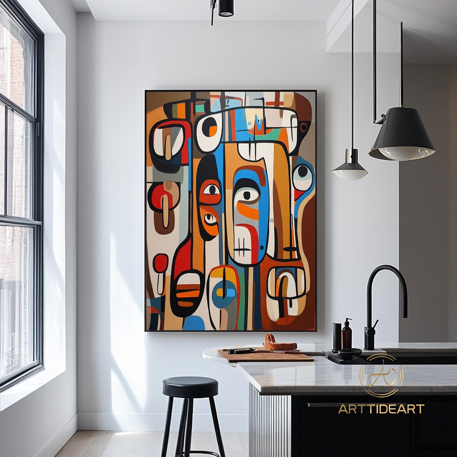 Original Abstract Colorful Cubist Faces Paintings On Canvas Picasso-Inspired Geometric Art Vibrant Modernism Oil Painting Home Wall Decor