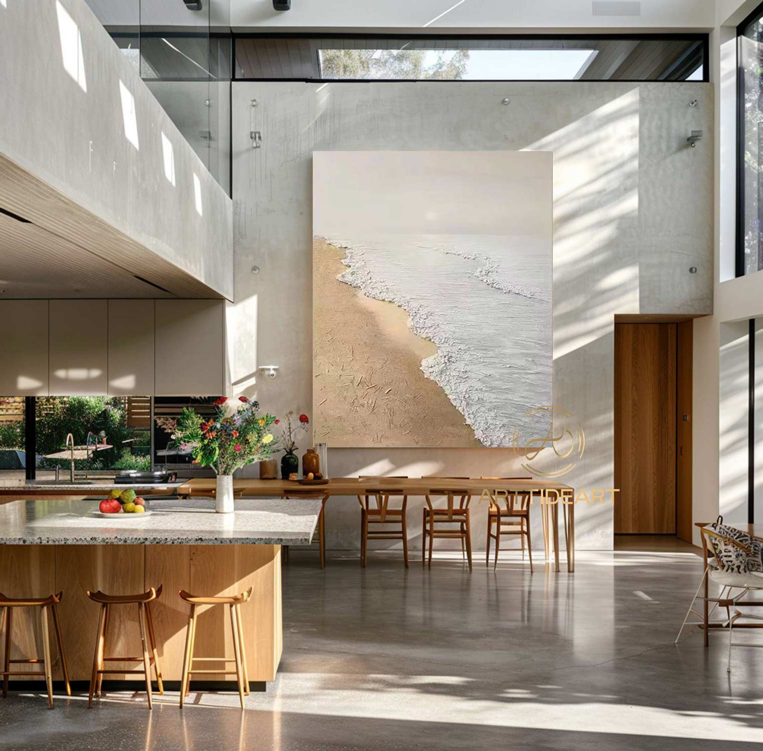 Sandy Beach Ocean Oil Painting On Canvas Blue Sky White Clouds Abstract Seascape Coastal Wall Art Acrylic Painting Large Wall Art Home Decor