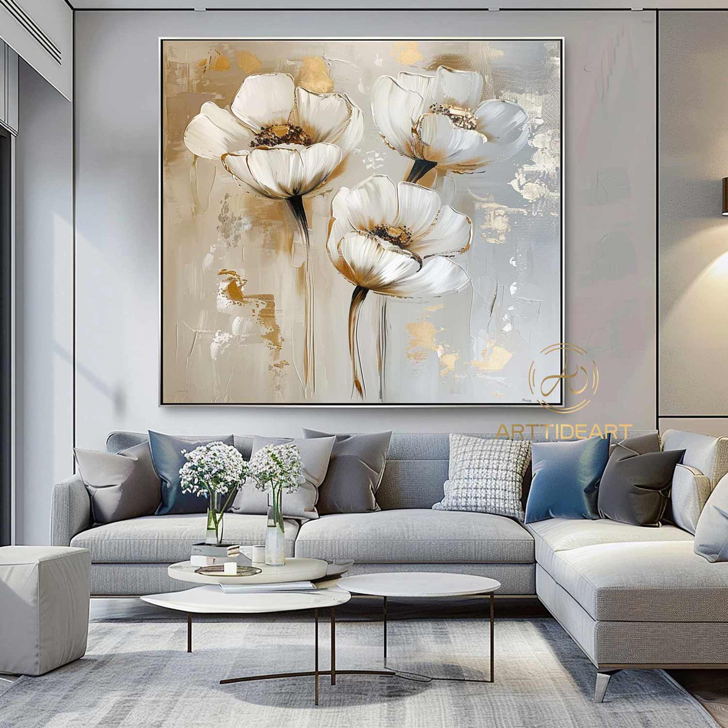 Large Original Flower Oil Painting On Canvas, Gold Wall Decor, Abstract Texture Floral Painting,Custom Painting, Modern Living Room Decor
