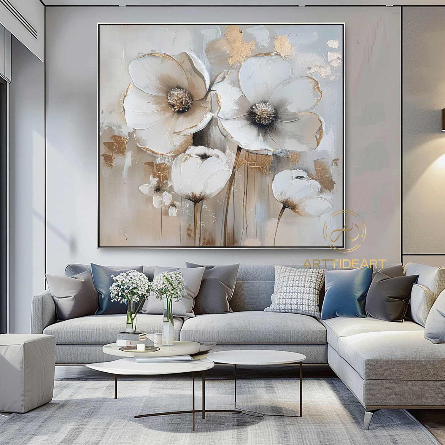 Abstract Blossom Floral Oil Painting on Canvas, Large Original Textured White Grey Poppy Bouquet Acrylic Painting Living Room Wall Art Decor