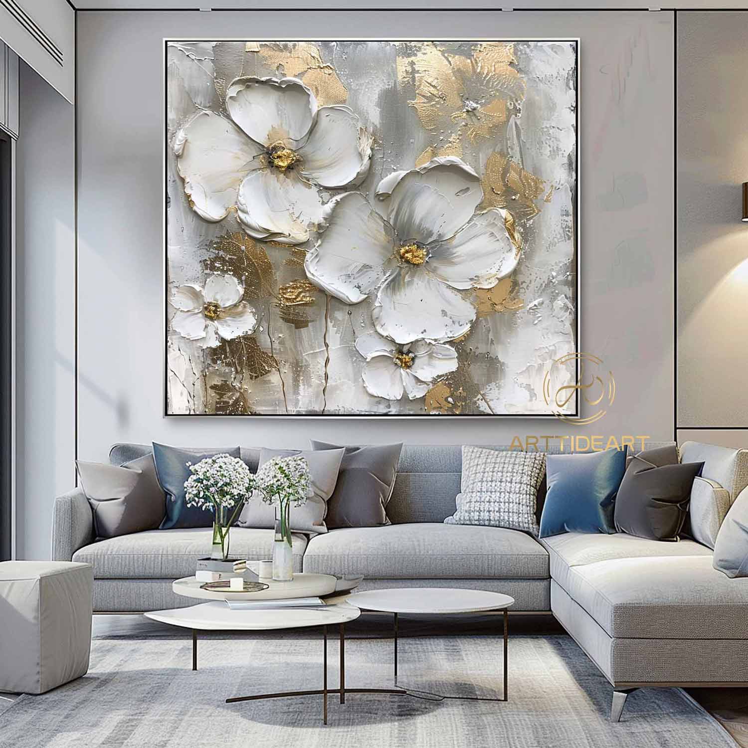 Large Flower Oil Painting on Canvas, Original Abstract Floral Painting, Minimalist Wall Art, Custom Painting, Modern Living Room Decor Gift
