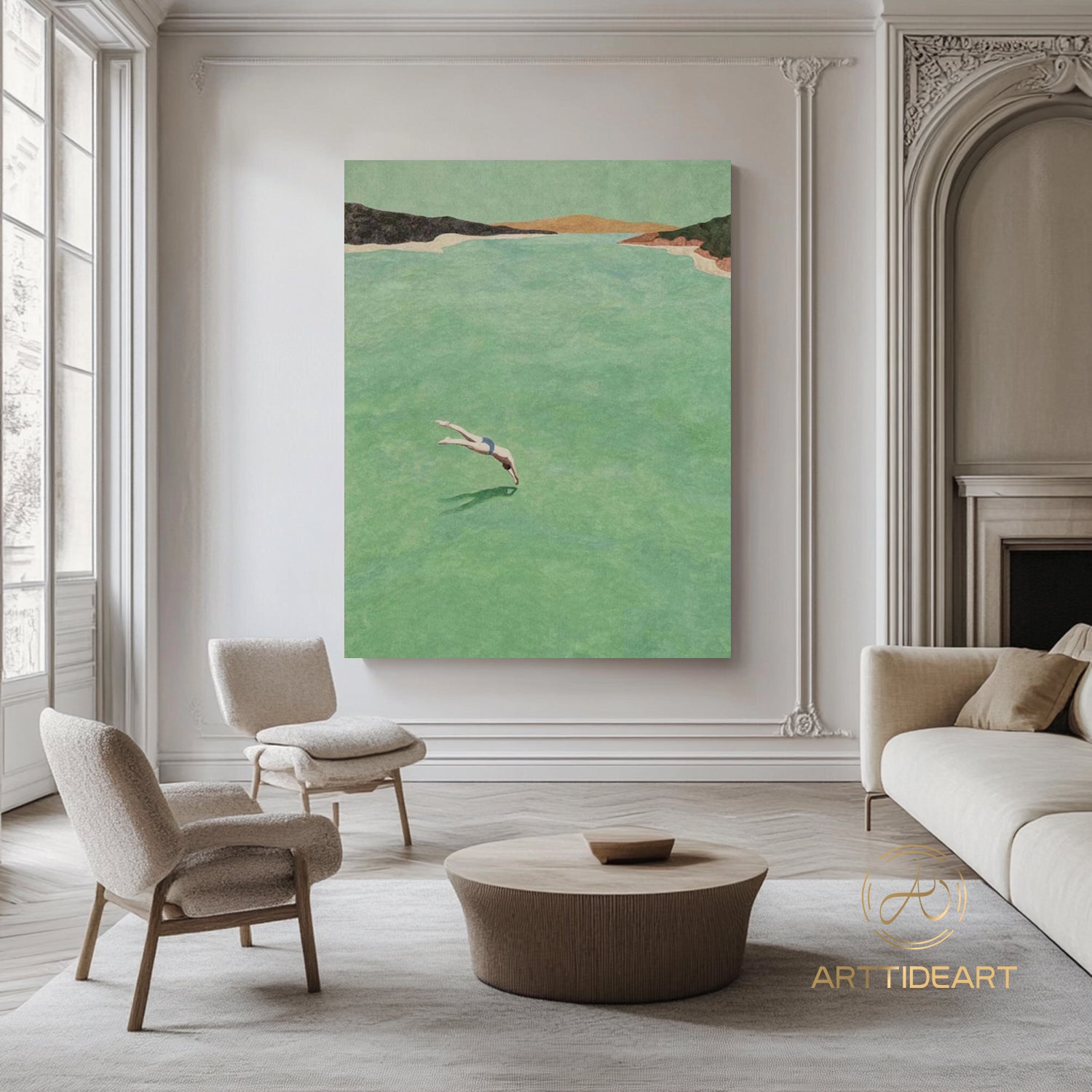A man diving into the sea green ocean painting vintage retro painting green minimalist painting landscape painting holiday style wall art