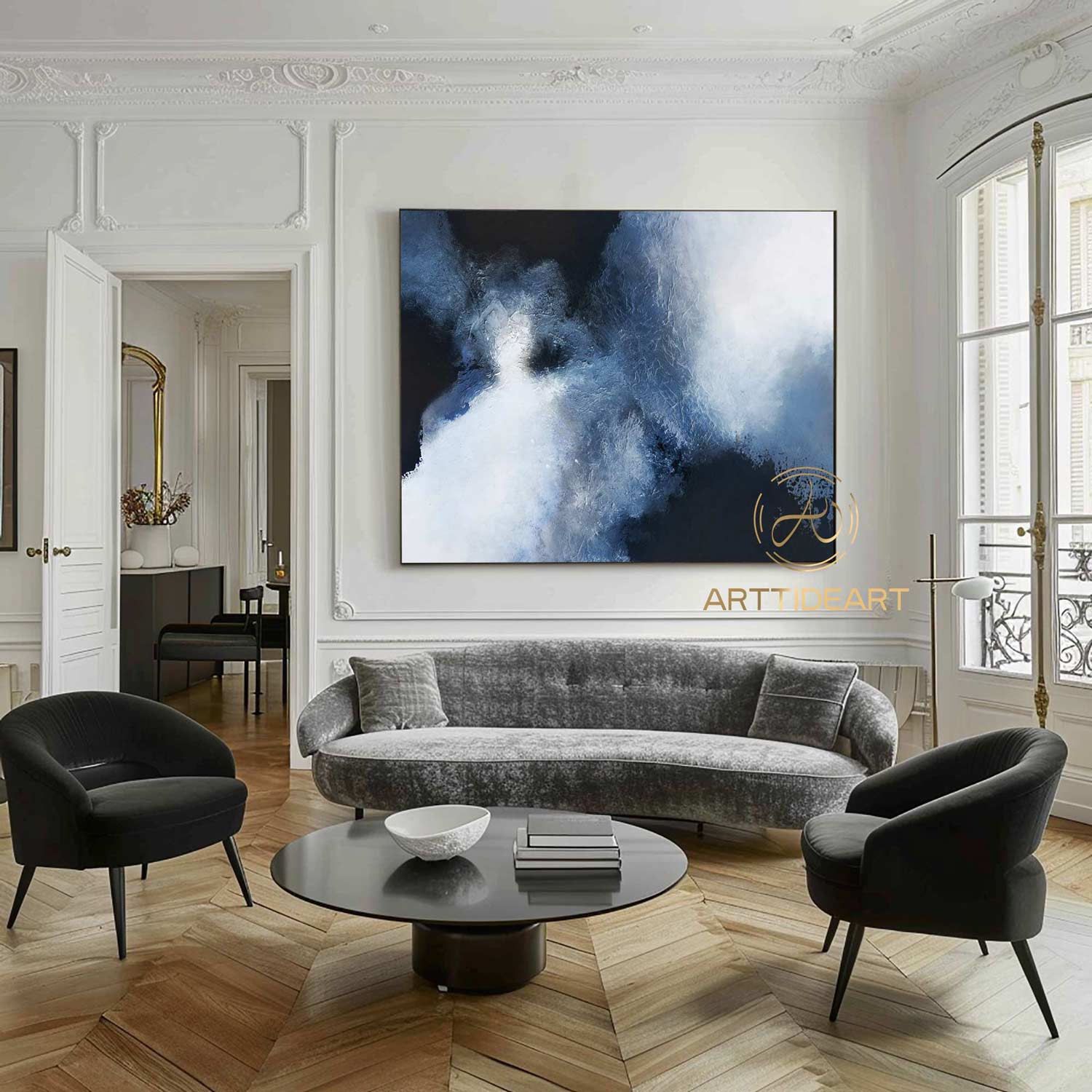 Large Blue Wall Art Blue And Black Abstract Painting Contemporary Minimalist Wall Art Modern Abstract Art Blue and White Canvas Painting