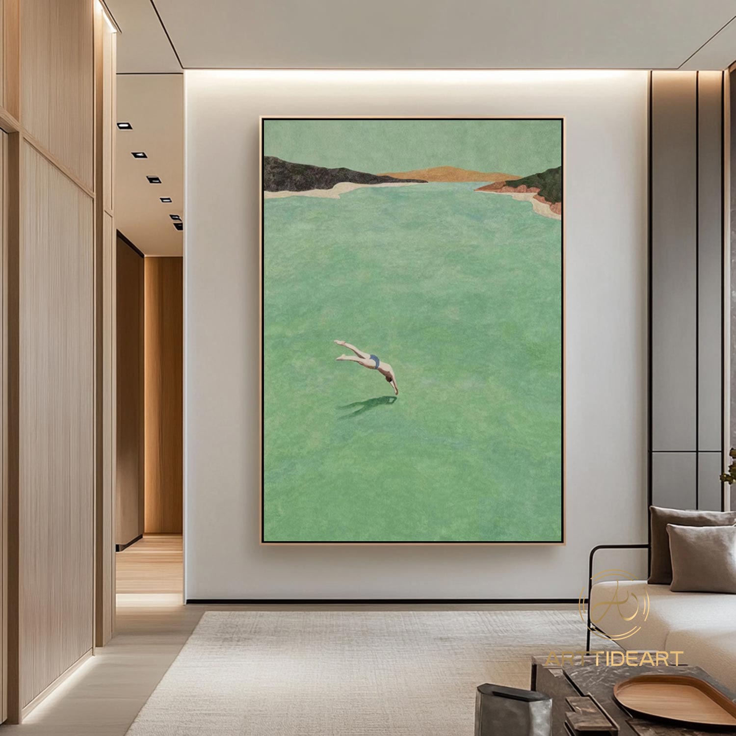 A man diving into the sea green ocean painting vintage retro painting green minimalist painting landscape painting holiday style wall art