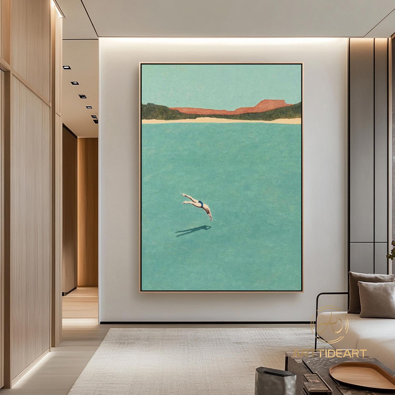 A man diving into the sea green ocean painting vintage retro painting green minimalist painting landscape painting holiday style wall art