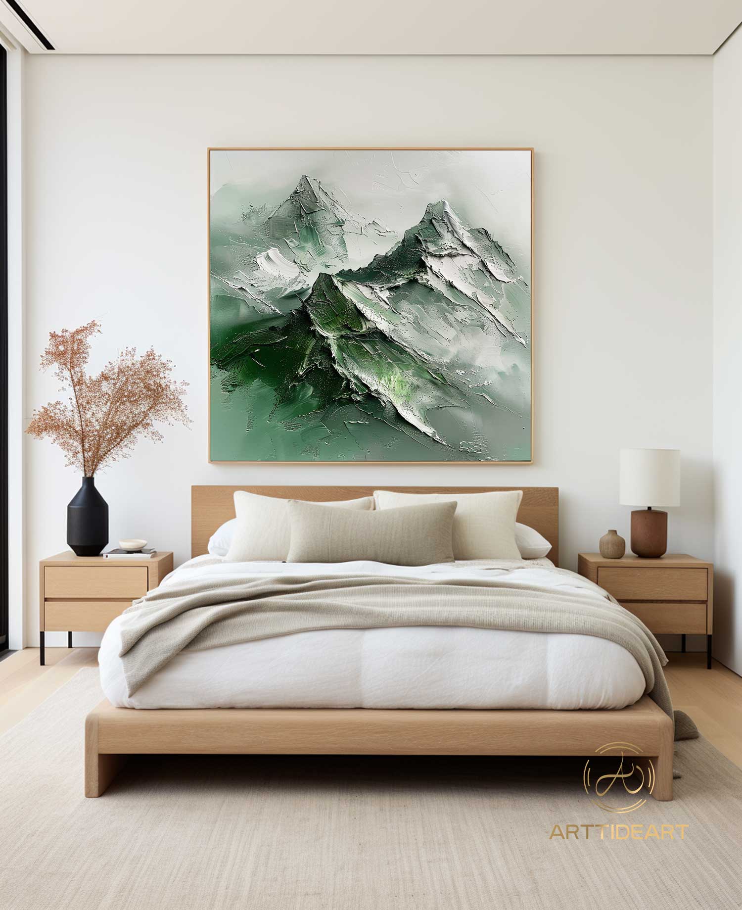 Green Abstract Mountain Painting On Canvas,Wabi Sabi Wall Art,Green And Beige Heavy Texture Mountain Painting,Minimalist Painting,Home Decor