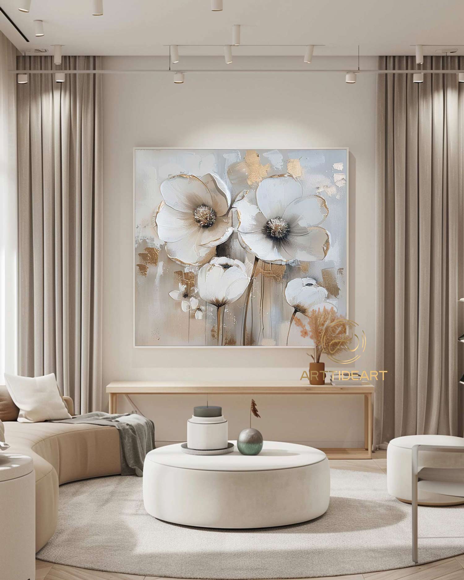 Abstract Blossom Floral Oil Painting on Canvas, Large Original Textured White Grey Poppy Bouquet Acrylic Painting Living Room Wall Art Decor