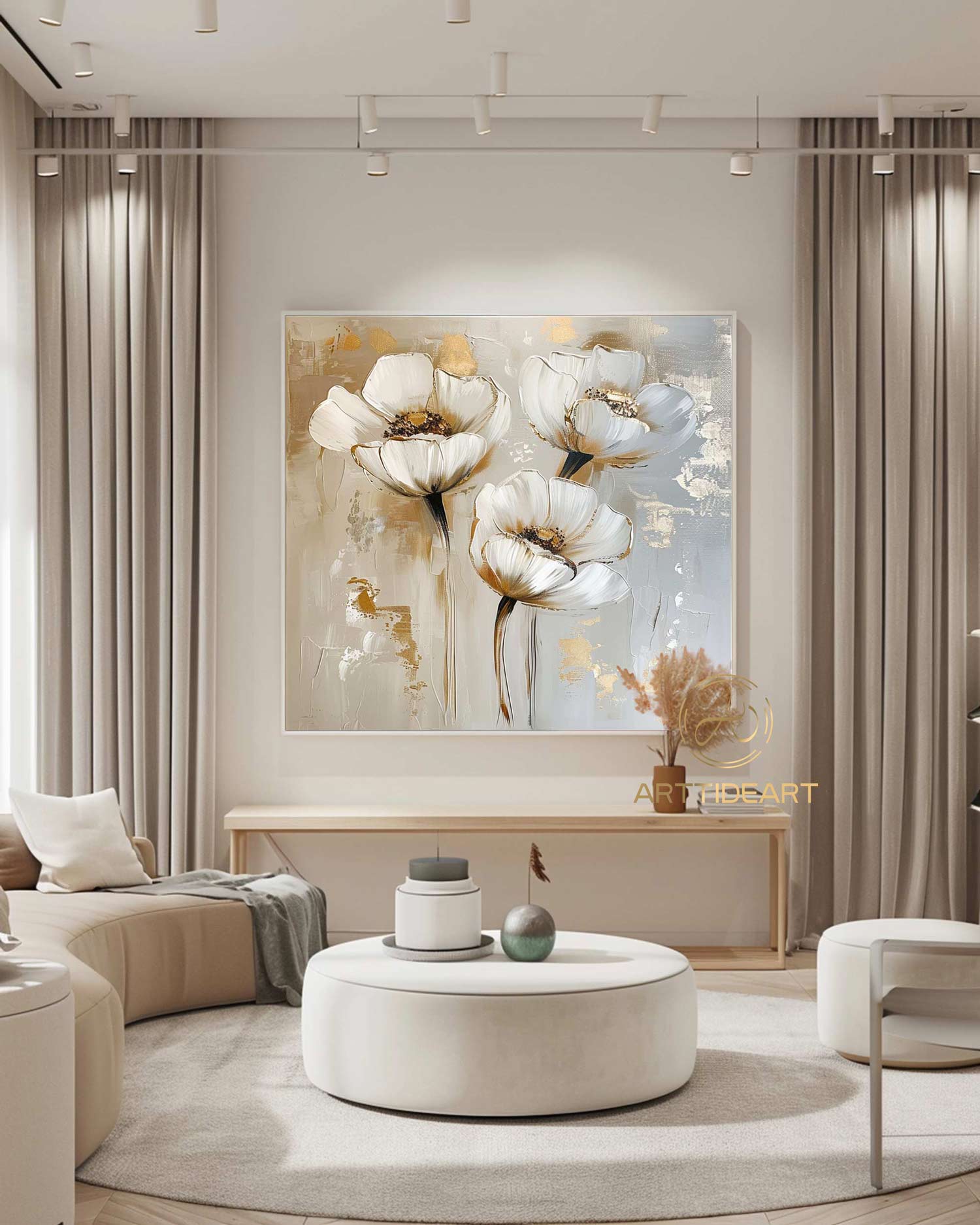 Large Original Flower Oil Painting On Canvas, Gold Wall Decor, Abstract Texture Floral Painting,Custom Painting, Modern Living Room Decor