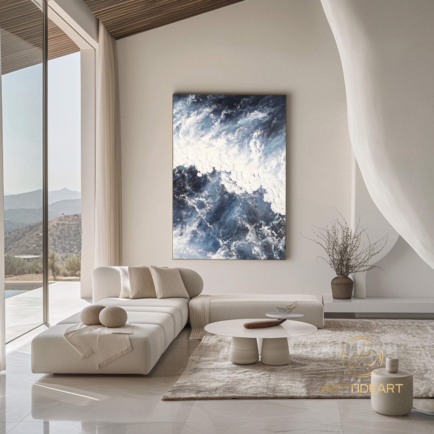Large abstract ocean painting blue marine landscape painting ocean acrylic painting canvas painting for bedroom abstract wall art white art